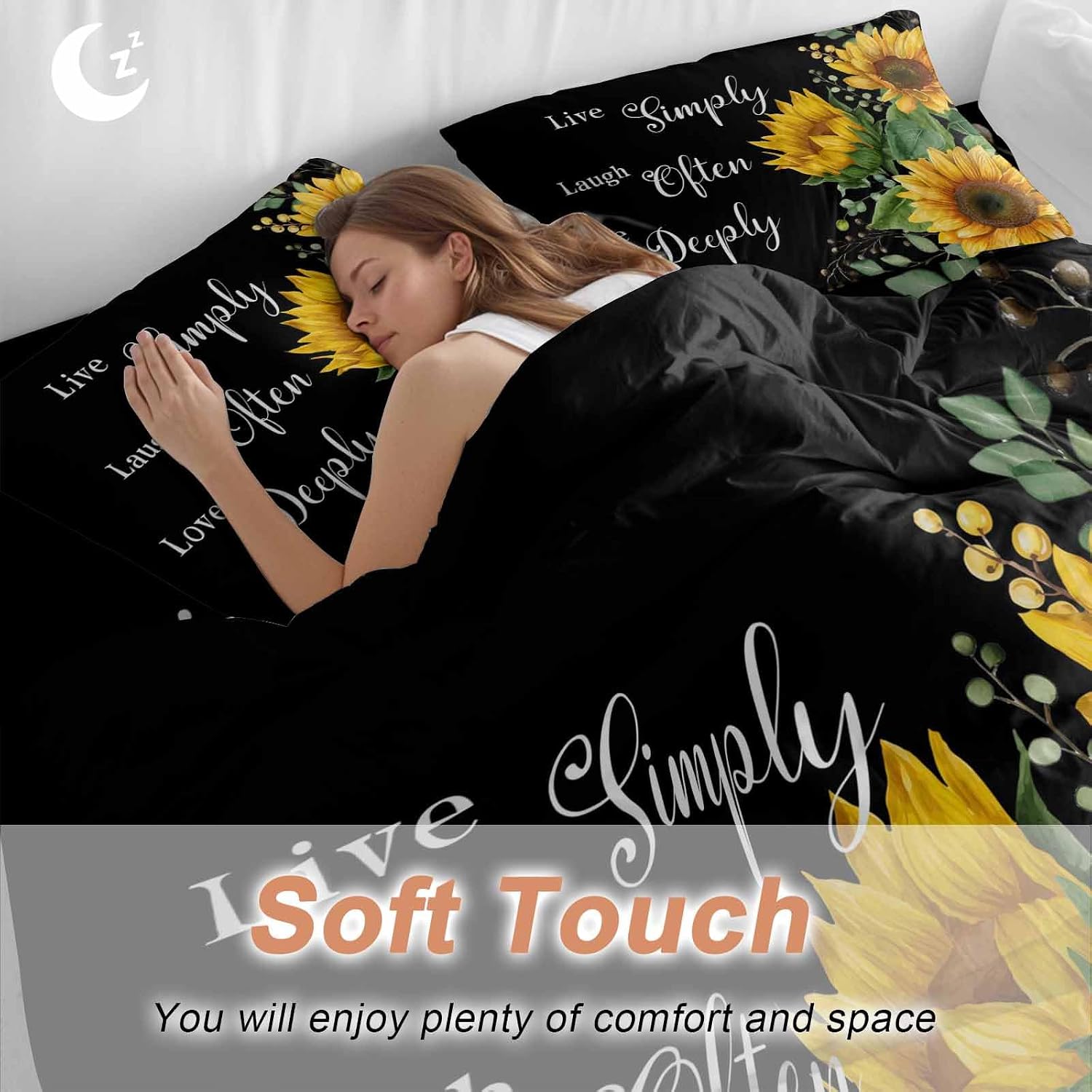 Prime Leader Sunflower Duvet Cover Set Queen Size 4 Pieces Live Simply Laugh Often Love Deeply Black Bedding Set with Zipper Closure, 1 Comforter Cover 90x92 Inches 1 Flat Sheet & 2 Pillow Cases