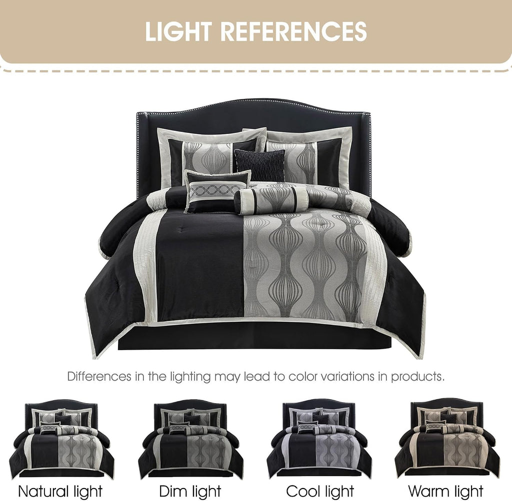Grand Avenue Elegant Black and Silver Comforter Set California King Size, Striped, 7 Pieces Bedding & Collection, Jacquard All Season Comforter & Pillows, Ultra-Soft Microfiber