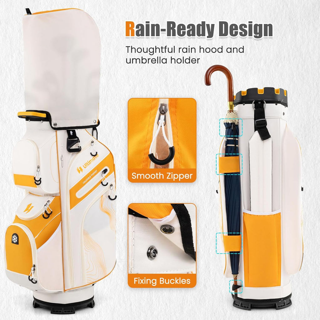 ULTIMATE 14-Way Golf Cart Bag, Golf Bag w/Molded Lock Top & Full Length Dividers, Portable Golf Club Bag w/11 Pockets, Cooler Bag, Padded Strap & Rain Hood for Men Women