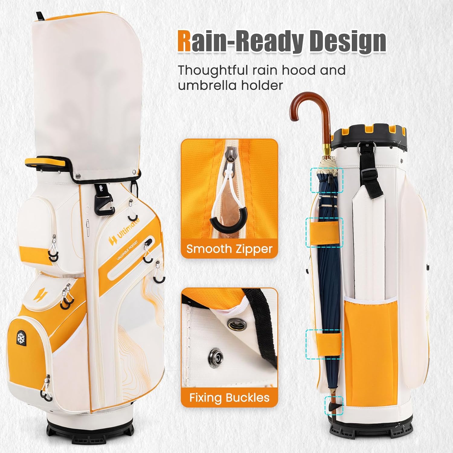 ULTIMATE 14-Way Golf Cart Bag, Golf Bag w/Molded Lock Top & Full Length Dividers, Portable Golf Club Bag w/11 Pockets, Cooler Bag, Padded Strap & Rain Hood for Men Women