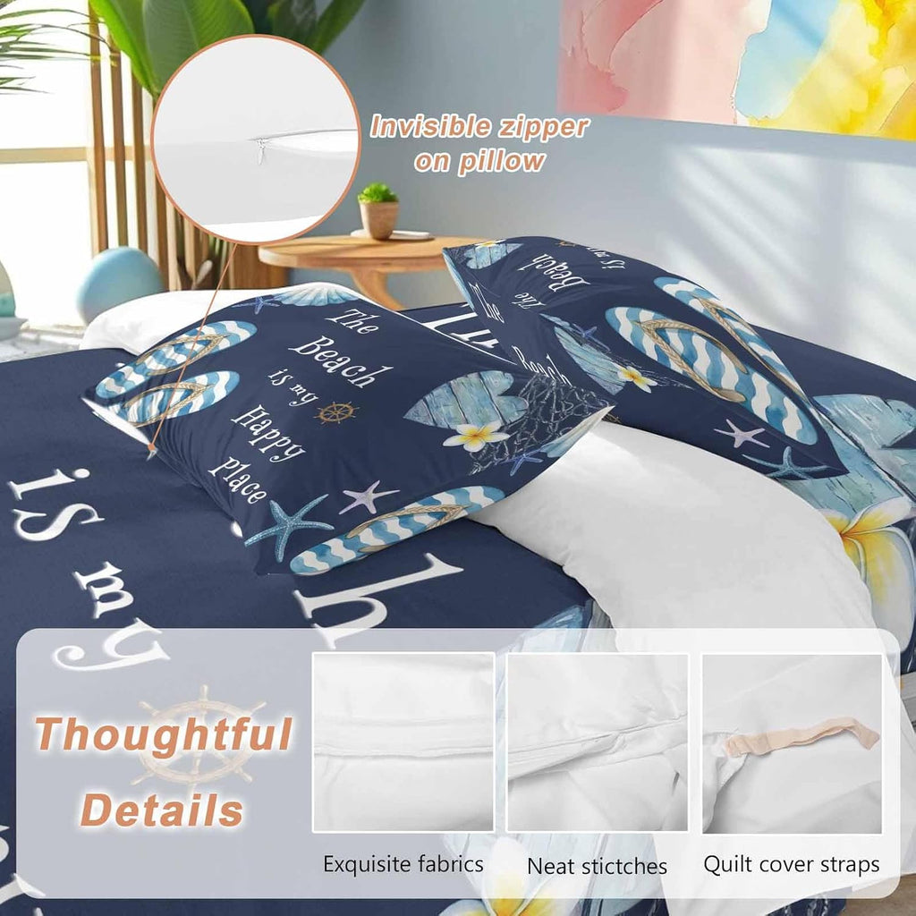The Beach Is My Happy Place Duvet Cover Set Queen Size 4 Pieces Summer Ocean Blue Slippers Starfish Shell Bedding Set with Zipper Closure, 1 Comforter Cover 86x86 Inches 1 Flat Sheet & 2 Pillow Cases