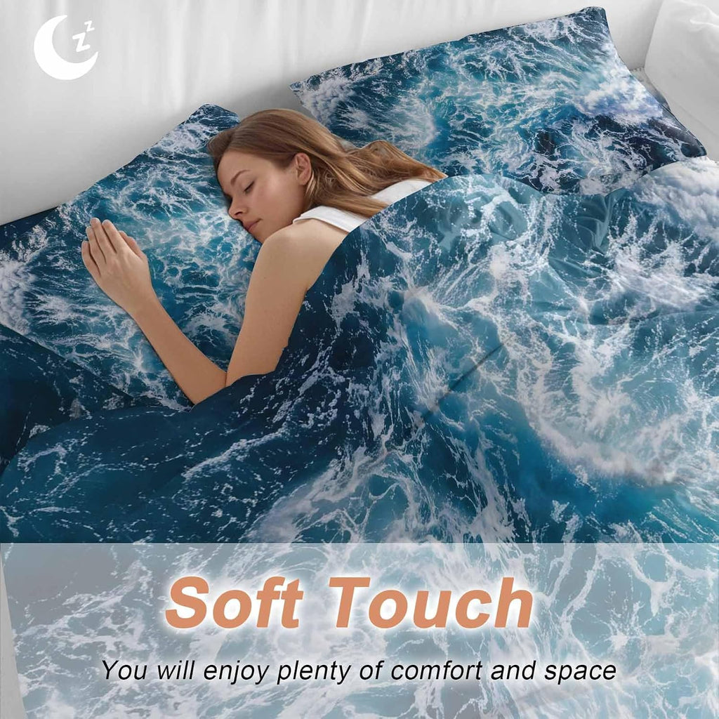 Dark Blue Ocean Scenery Duvet Cover Set Queen Size 4 Pieces Ombre Sea Waves Natural Modern Art Bedding Set with Zipper Closure, 1 Comforter Cover 86x86 Inches 1 Flat Sheet & 2 Pillow Cases