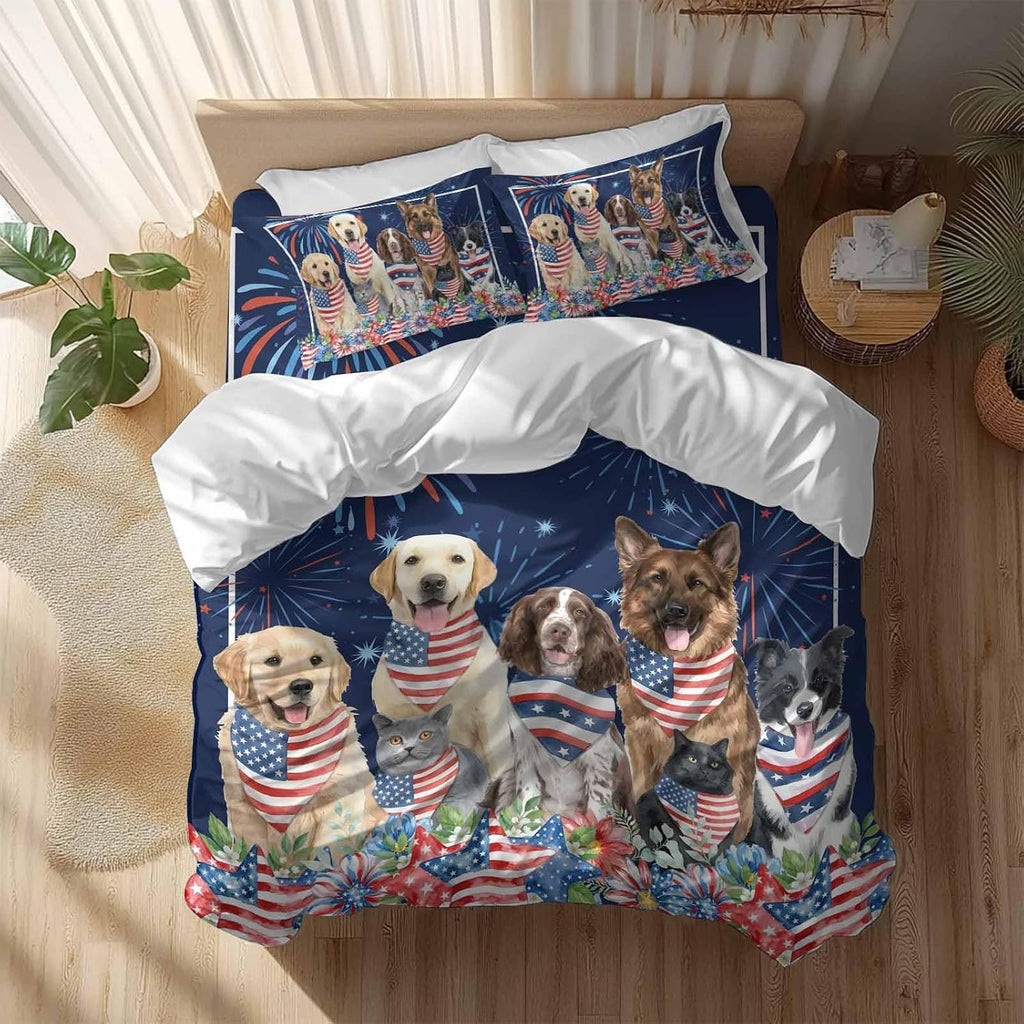 Independence Day Dog Cat Duvet Cover Set Queen Size 4 Pieces Watercolor Red Blue Stripe Star Flag Firework Blue Bedding Set with Zipper Closure,1 Comforter Cover 86x86 Inch 1 Flat Sheet&2 Pillow Cases