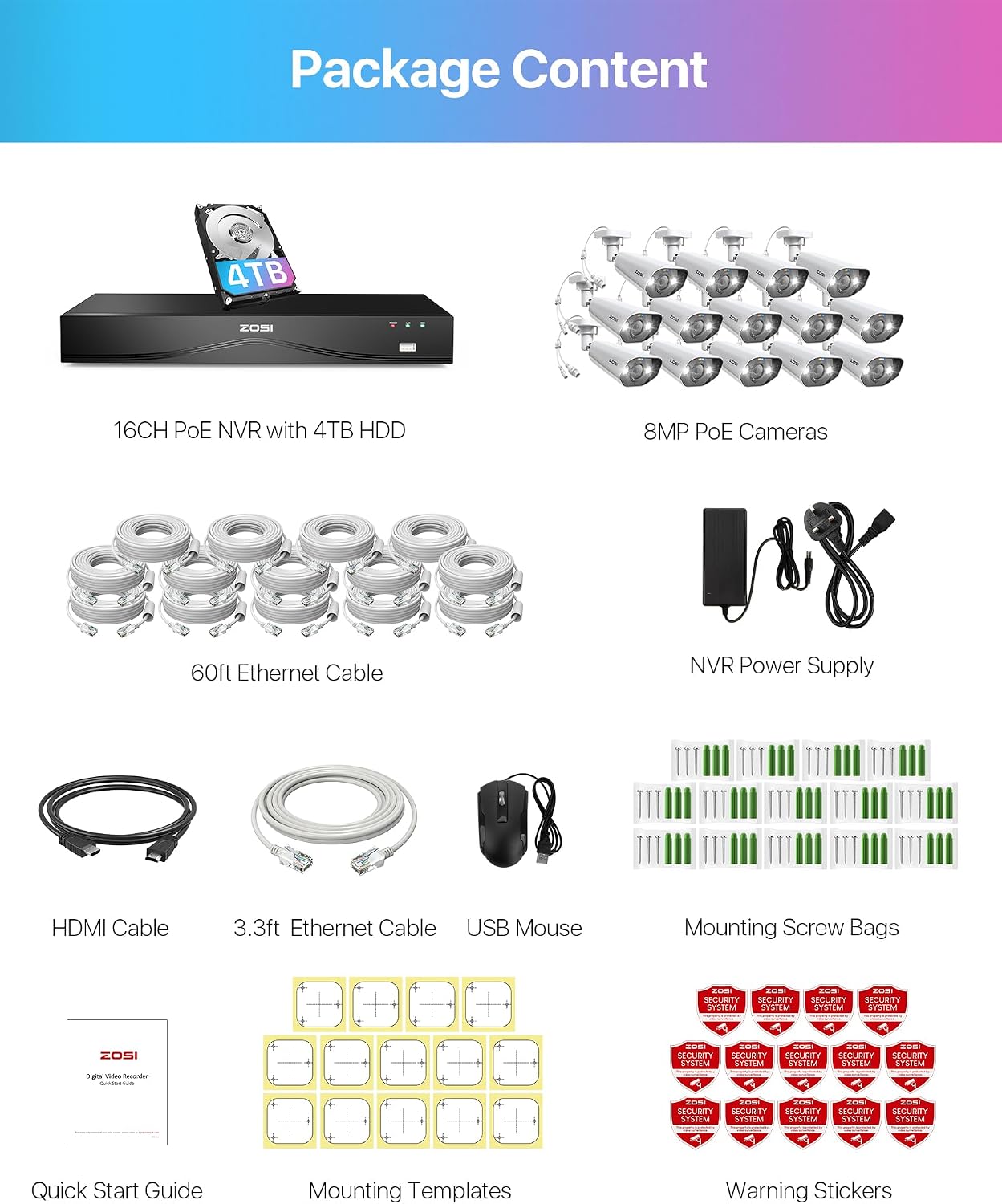 ZOSI 24CH 4K Spotlight PoE Security Camera System,14pcs 4K Outdoor Cameras,Face/Person/Vehicle Detection,2 Way Audio,Night Vision,16 Port 24CH 8MP Dual-Disk NVR with 4TB HDD for 24/7 Recording
