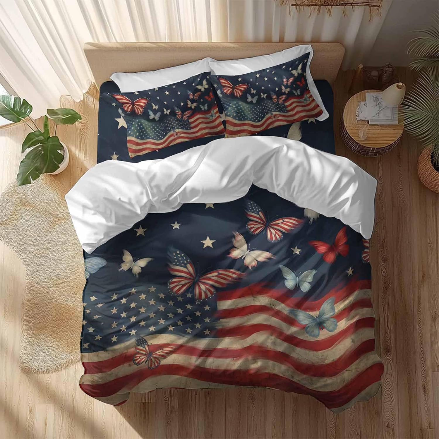 4th of July Duvet Cover Set Queen Size 4 Pieces Independence Day Patriotic Butterfly American Flag Bedding Set with Zipper Closure, 1 Comforter Cover 86x86 Inches 1 Flat Sheet & 2 Pillow Cases
