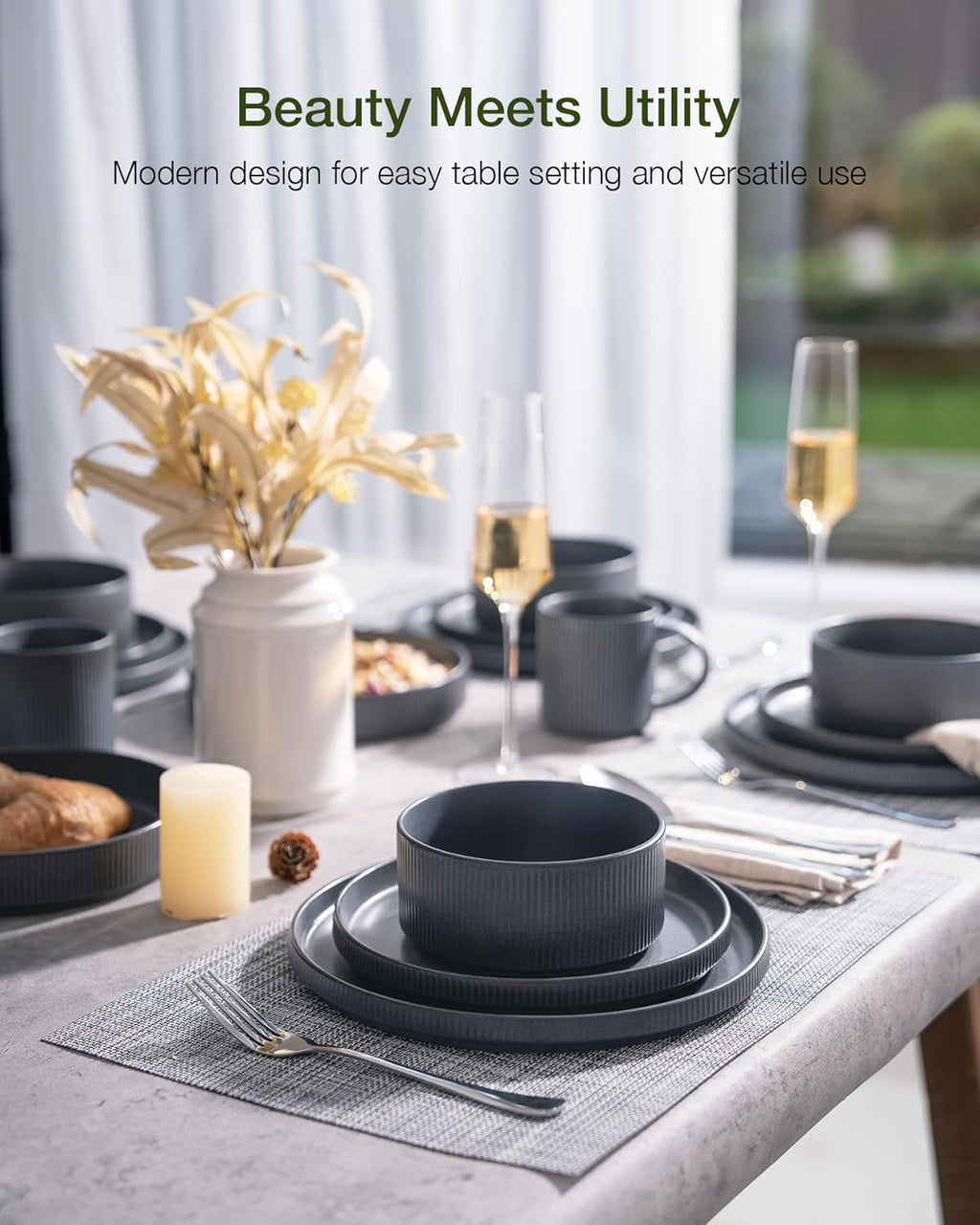 Famiware Star Plates and Bowls Sets, Modern Stoneware Dinnerware Sets for 8, 24-Piece Kitchen Dish Set - Microwave and Dishwasher Safe, Chip and Scratch Resistant, Matte Dark Charcoal