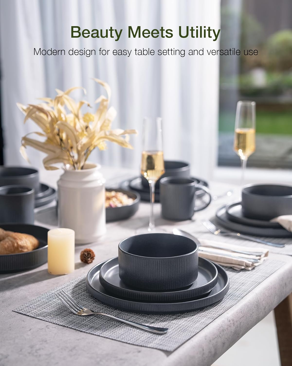 Famiware Star Plates and Bowls Sets, Modern Stoneware Dinnerware Sets for 8, 24-Piece Kitchen Dish Set - Microwave and Dishwasher Safe, Chip and Scratch Resistant, Matte Dark Charcoal