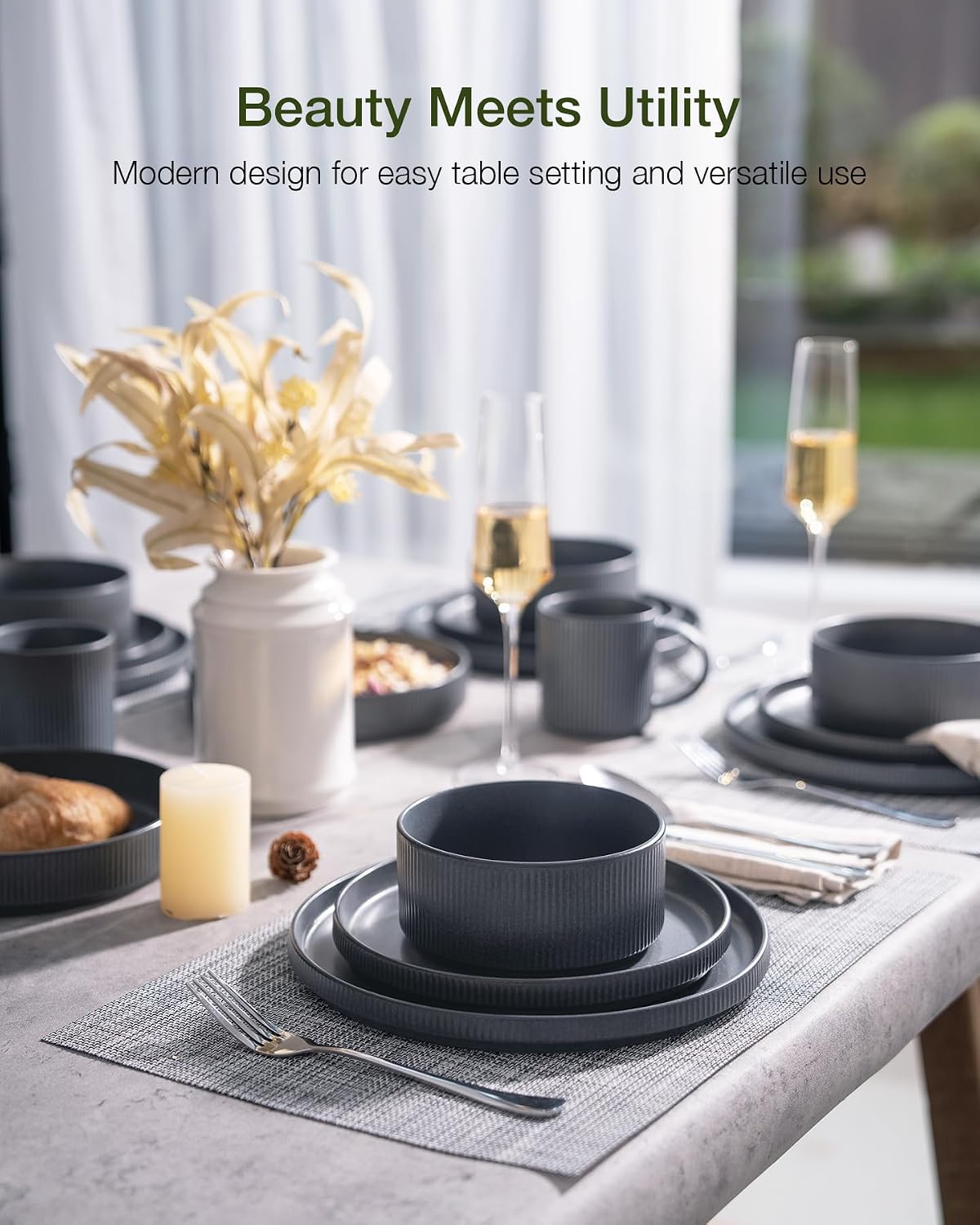 Famiware Star Plates and Bowls Sets, Modern Stoneware Dinnerware Sets for 6, 18-Piece Kitchen Dish Set - Chip and Scratch Resistant, Microwave and Dishwasher Safe Tableware, Matte Dark Charcoal