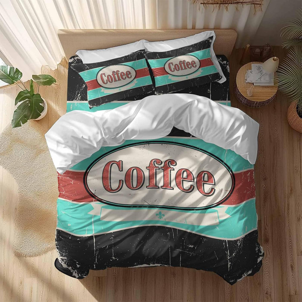 Coffee Duvet Cover Set Queen Size 4 Pieces Shabby Chic Blue Red Stripes Letter Print Casual Vintage Bedding Set with Zipper Closure, 1 Comforter Cover 90x92 Inches 1 Flat Sheet & 2 Pillow Cases