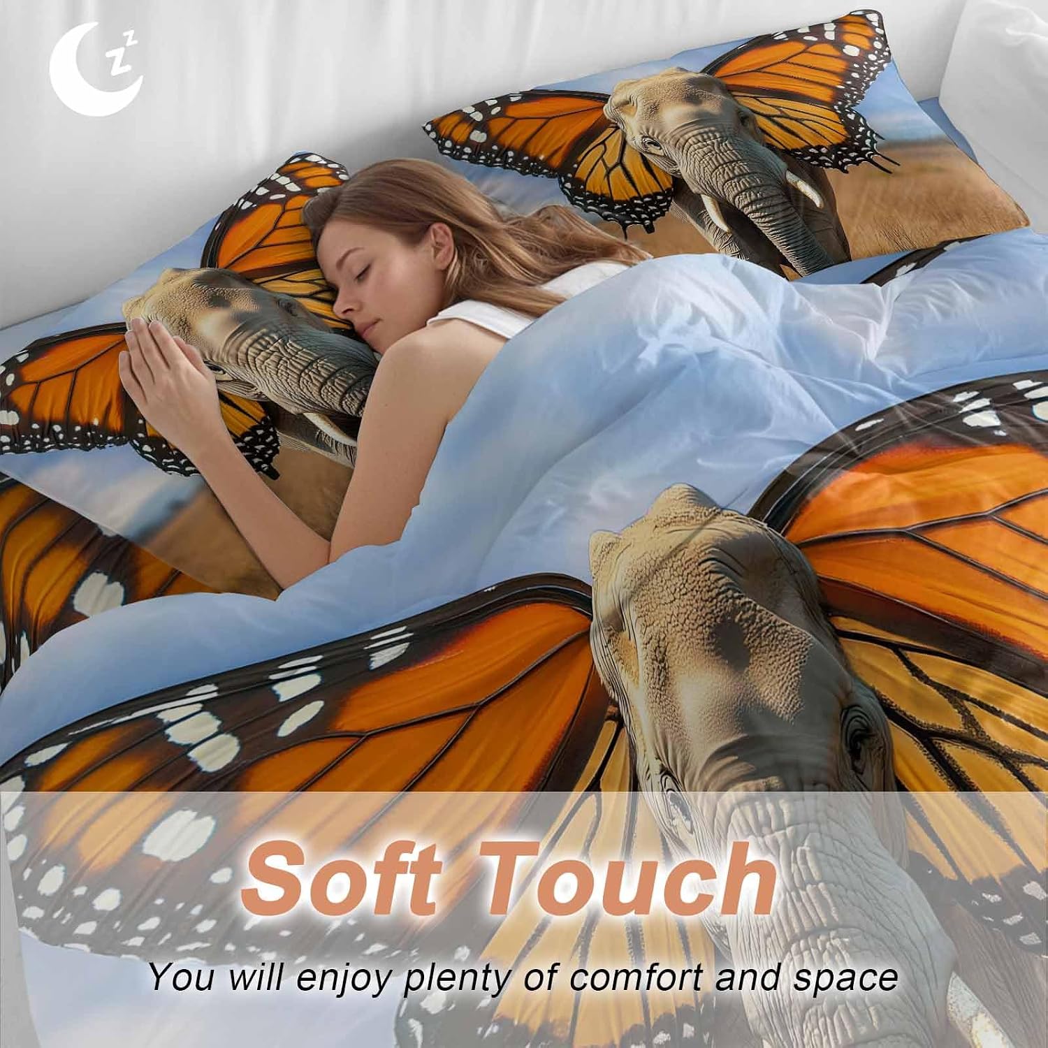 Prime Leader Funny Elephant Duvet Cover Set Queen Size 4 Pieces Elephant with Butterfly Ears Grassland Bedding Set with Zipper Closure, 1 Comforter Cover 86x86 Inches 1 Flat Sheet & 2 Pillow Cases
