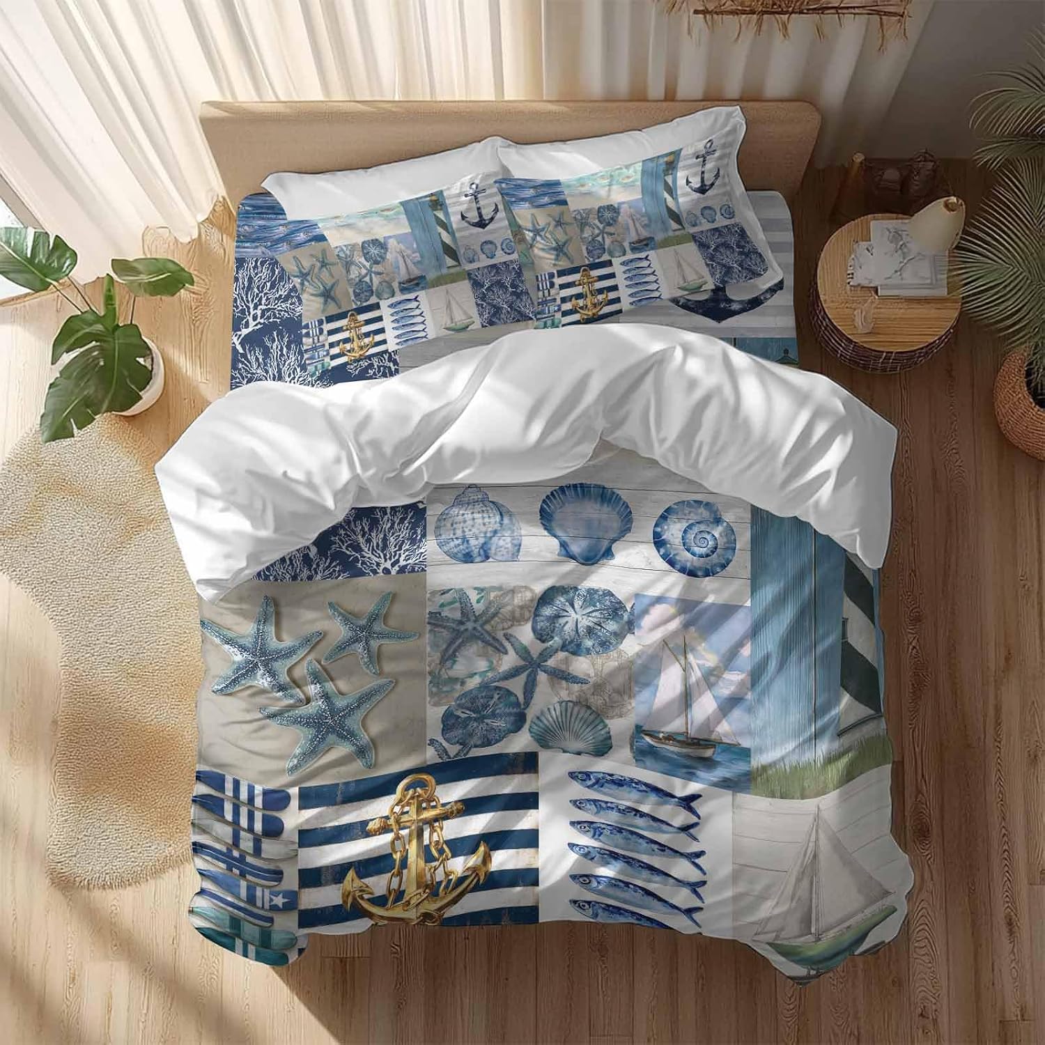 Summer Nautical Duvet Cover Set Queen Size 4 Pieces Blue Starfish Shells Anchor Boat Patchwork Bedding Set with Zipper Closure, 1 Comforter Cover 90x92 Inches 1 Flat Sheet & 2 Pillow Cases
