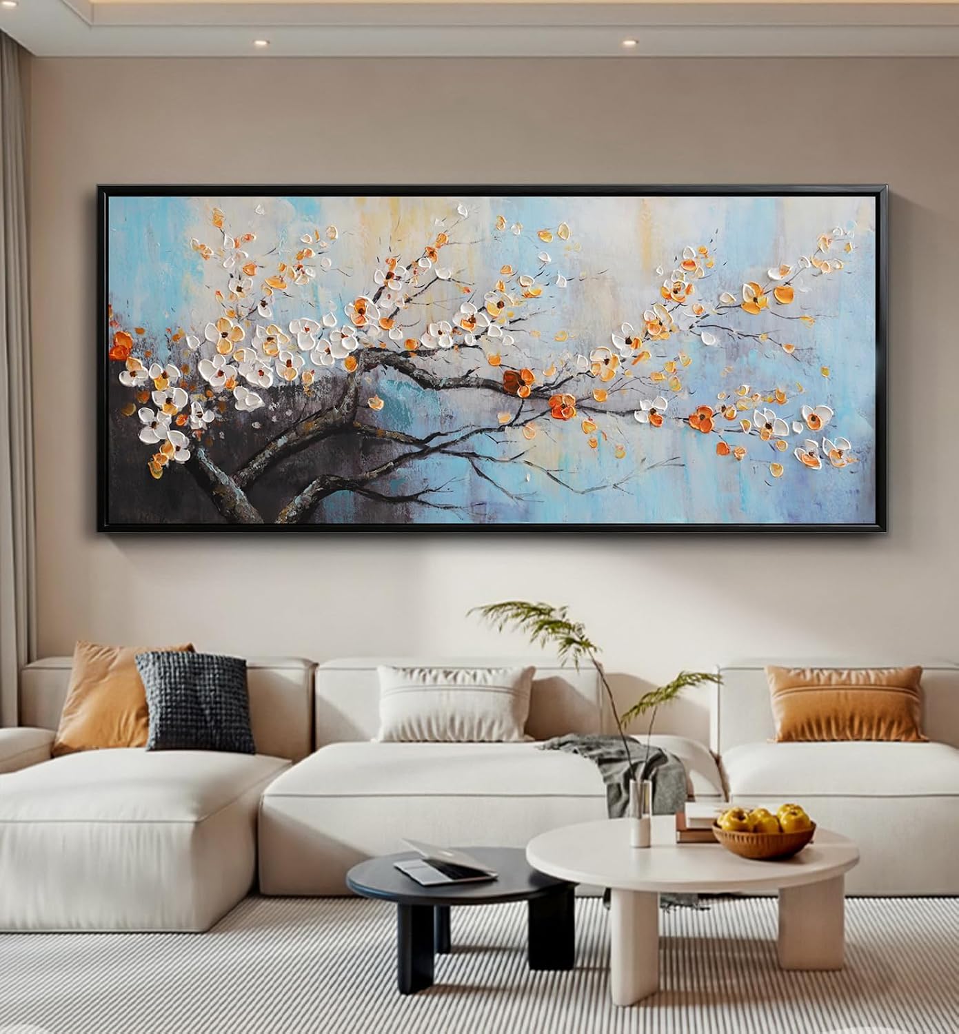 Hand-Painted Plum Blossom Wall Art for Living Room, Large 3D Texture Floral Canvas Oil Painting for Bedroom, Modern Black Framed Artwork for Above Sofa Office Kitchen Ready to Hang 24x56 Inches