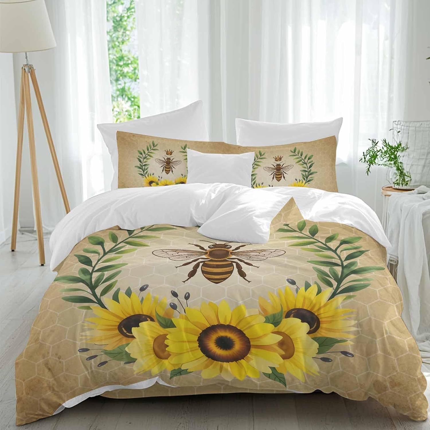 Vintage Crown Bee Duvet Cover Set Queen Size 4 Pieces Country Sunflowers Green Leaves Honeycomb Bedding Set with Zipper Closure, 1 Comforter Cover 86x86 Inches 1 Flat Sheet & 2 Pillow Cases