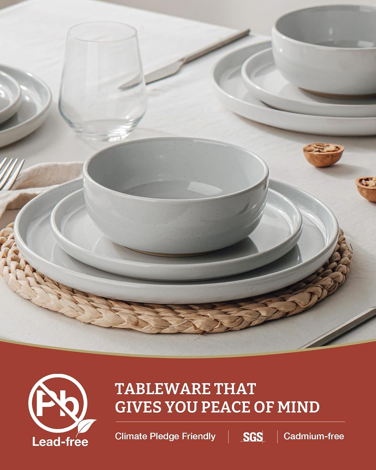 Famiware Milkyway Dinnerware Sets, 24 Piece Dish Set, Plates and Bowls Sets for 8, Light Gray