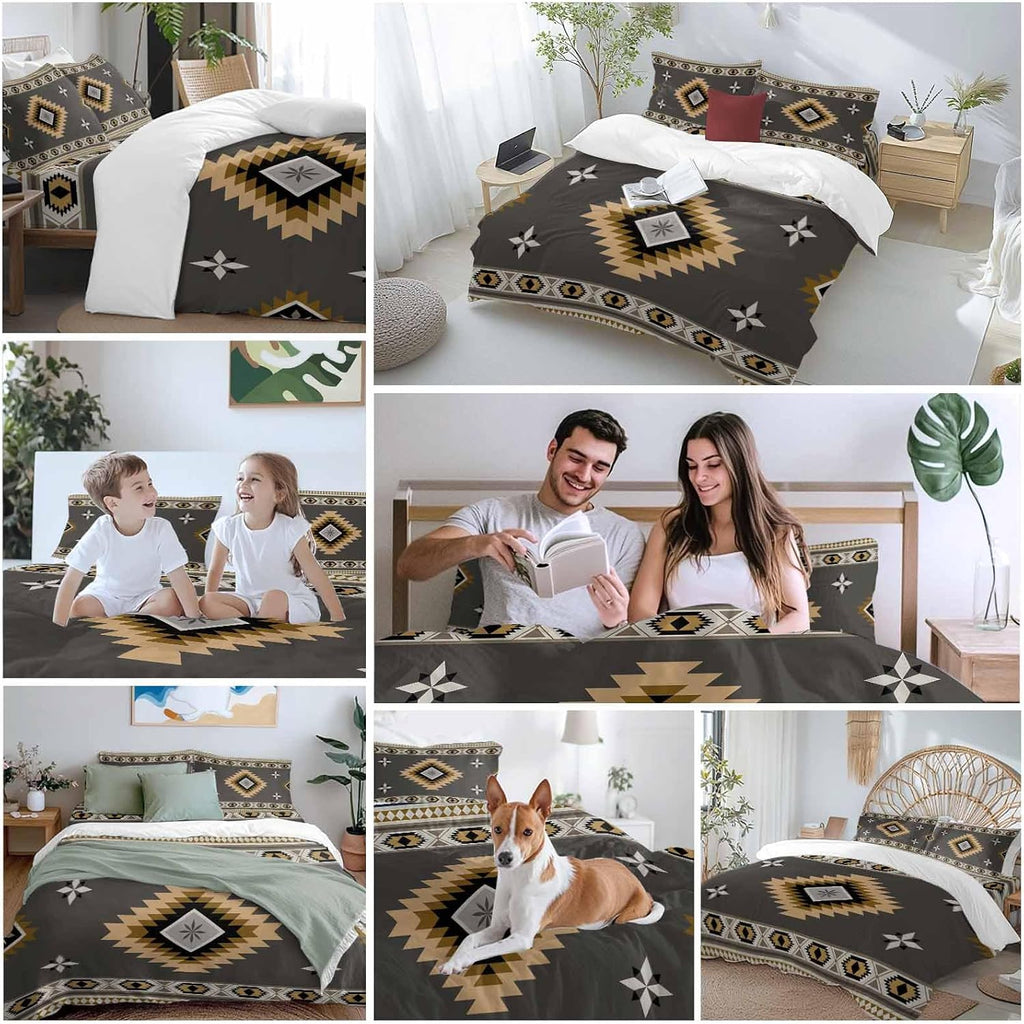 Prime Leader Grey Tribal Geometric Duvet Cover Set Queen Size 4 Pieces Vintage Boho Native Abstract Bedding Set with Zipper Closure, 1 Comforter Cover 90x92 Inches 1 Flat Sheet & 2 Pillow Cases