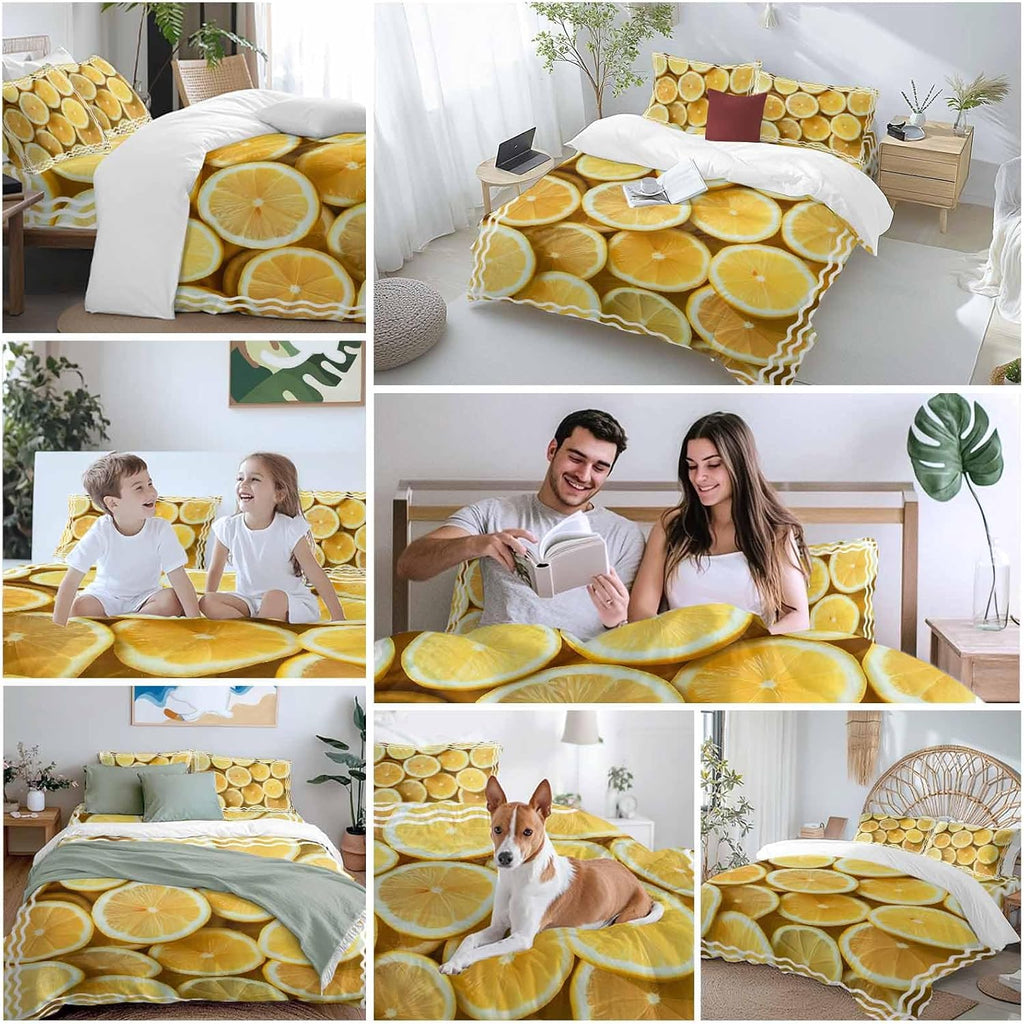 Yellow Lemon Duvet Cover Set Queen Size 4 Pieces Retro Country Watercolor Fruit Farmhouse Stripes Bedding Set with Zipper Closure, 1 Comforter Cover 90x92 Inches 1 Flat Sheet & 2 Pillow Cases