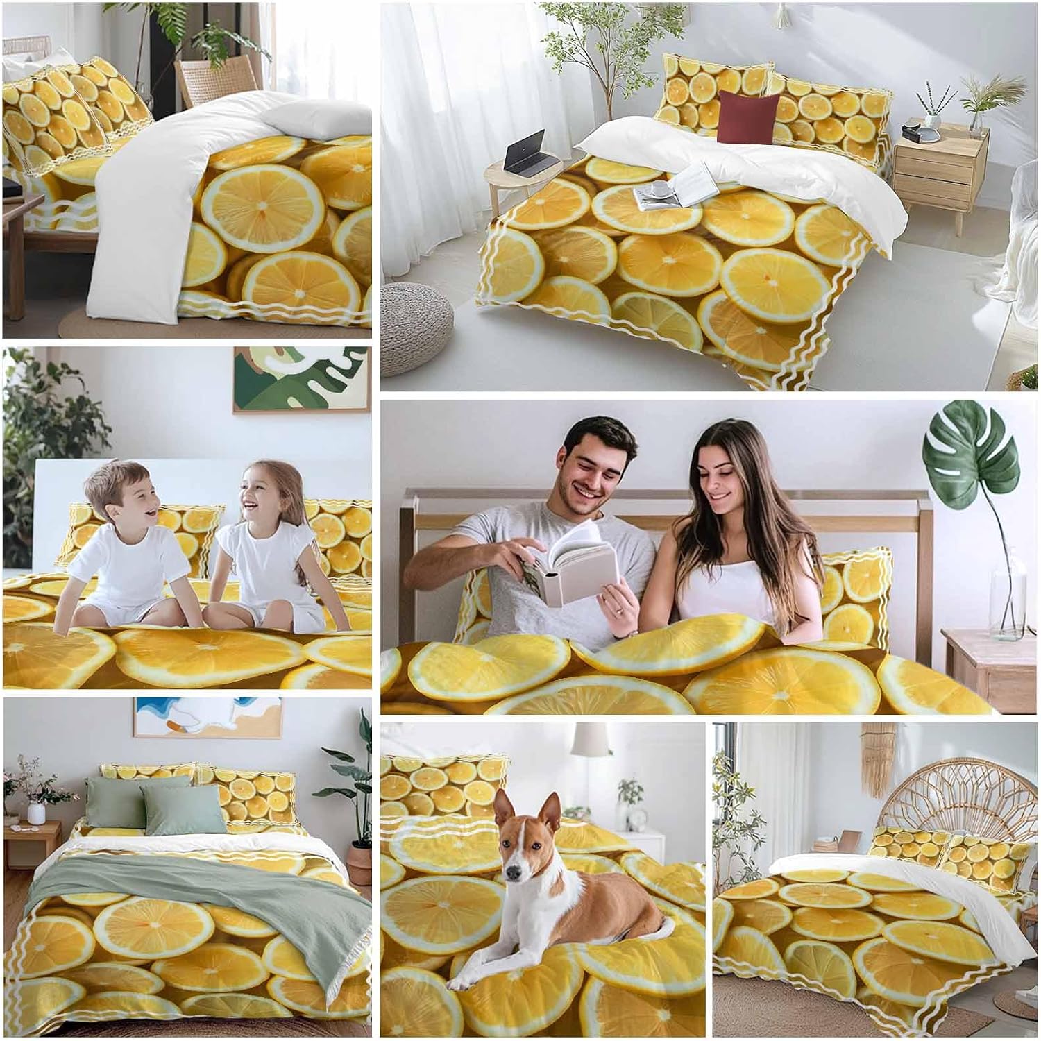 Yellow Lemon Duvet Cover Set Queen Size 4 Pieces Retro Country Watercolor Fruit Farmhouse Stripes Bedding Set with Zipper Closure, 1 Comforter Cover 90x92 Inches 1 Flat Sheet & 2 Pillow Cases