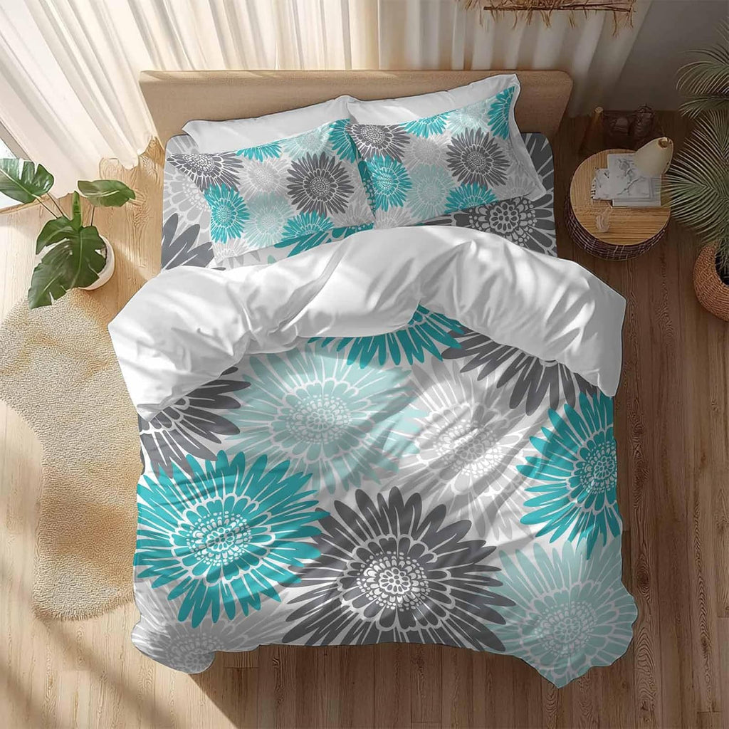 Turquoise Gray Sunflowers Duvet Cover Set Queen Size 4 Pieces Abstract Blooming Floral Rustic Bedding Set with Zipper Closure, 1 Comforter Cover 86x86 Inches 1 Flat Sheet & 2 Pillow Cases
