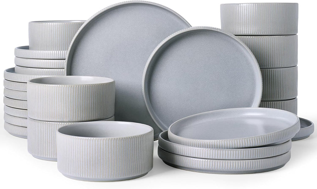 Famiware Star 24-Piece Reactive Glaze Plates and Bowls Sets, Service for 8 - Stoneware Dinnerware Set, High Edge Ribbed Dishes, Chip & Scratch Resistant, Microwave & Dishwasher Safe, Matte Gray