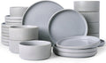 Famiware Star 24-Piece Reactive Glaze Plates and Bowls Sets, Service for 8 - Stoneware Dinnerware Set, High Edge Ribbed Dishes, Chip & Scratch Resistant, Microwave & Dishwasher Safe, Matte Gray