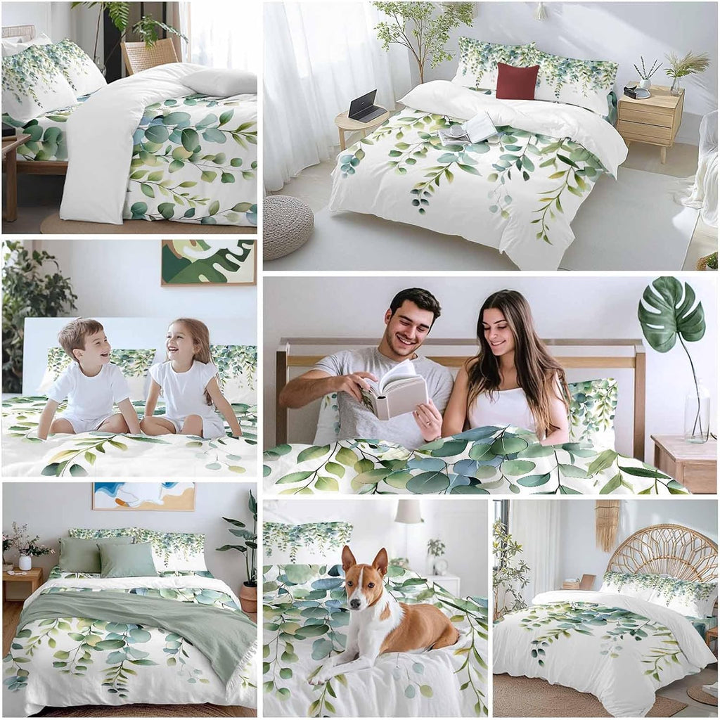Prime Leader Green Leaves Duvet Cover Set Queen Size 4 Pieces Eucalyptus Leaf Watercolor Plant Botanical Bedding Set with Zipper Closure, 1 Comforter Cover 90x92 Inches 1 Flat Sheet & 2 Pillow Cases