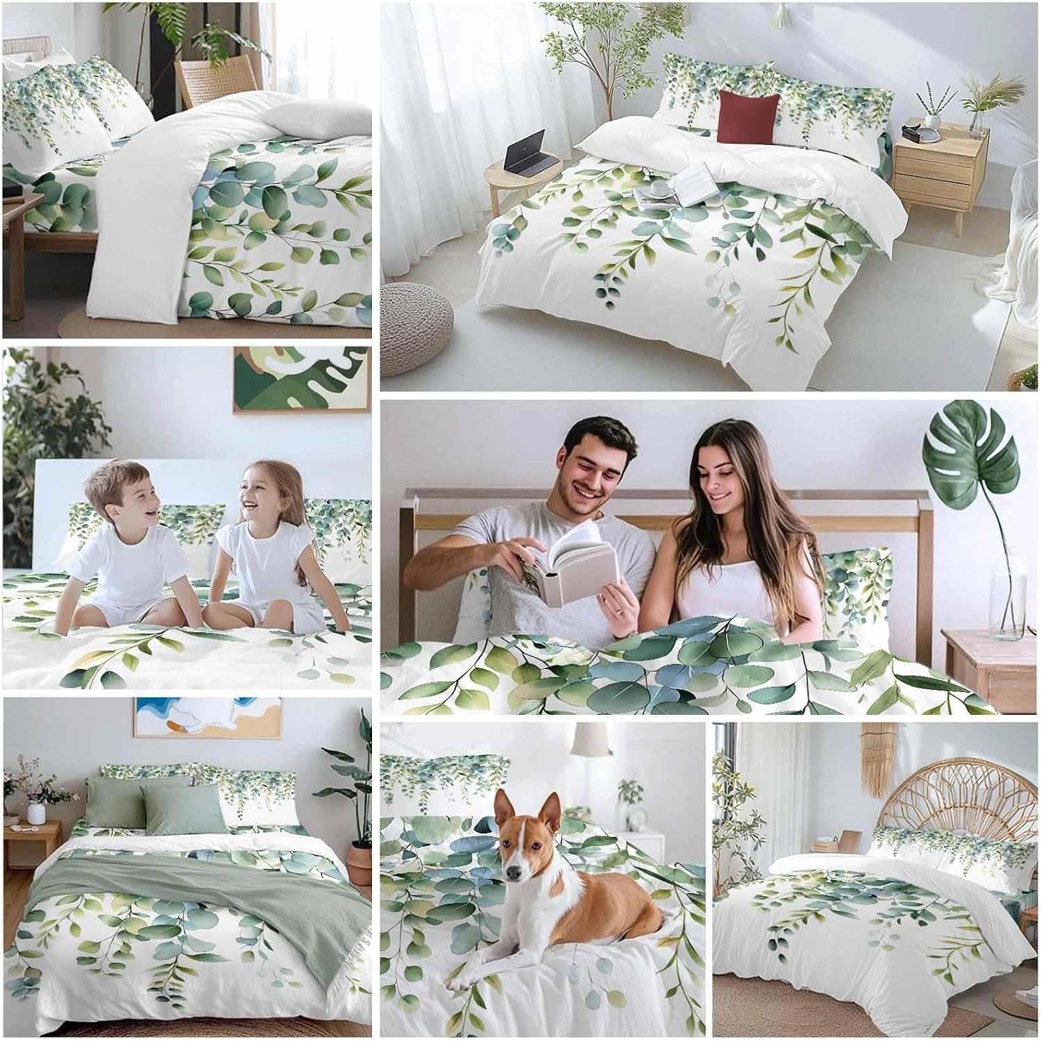 Prime Leader Green Leaves Duvet Cover Set Queen Size 4 Pieces Eucalyptus Leaf Watercolor Plant Botanical Bedding Set with Zipper Closure, 1 Comforter Cover 90x92 Inches 1 Flat Sheet & 2 Pillow Cases