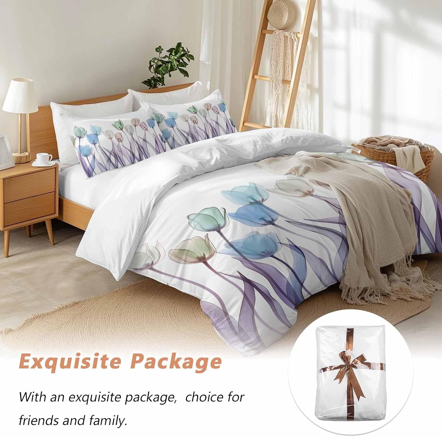 Prime Leader Spring Floral Duvet Cover Set Queen Size 4 Pieces Watercolor Purple Tulip Flowers Pattern Bedding Set with Zipper Closure, 1 Comforter Cover 86x86 Inches 1 Flat Sheet & 2 Pillow Cases