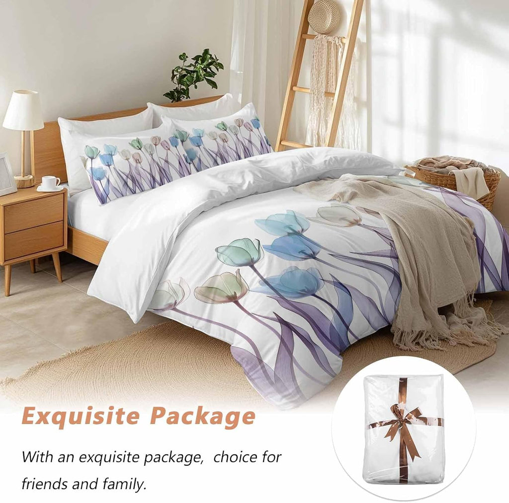 Prime Leader Spring Floral Duvet Cover Set Queen Size 4 Pieces Watercolor Purple Tulip Flowers Pattern Bedding Set with Zipper Closure, 1 Comforter Cover 92x106 Inches 1 Flat Sheet & 2 Pillow Cases