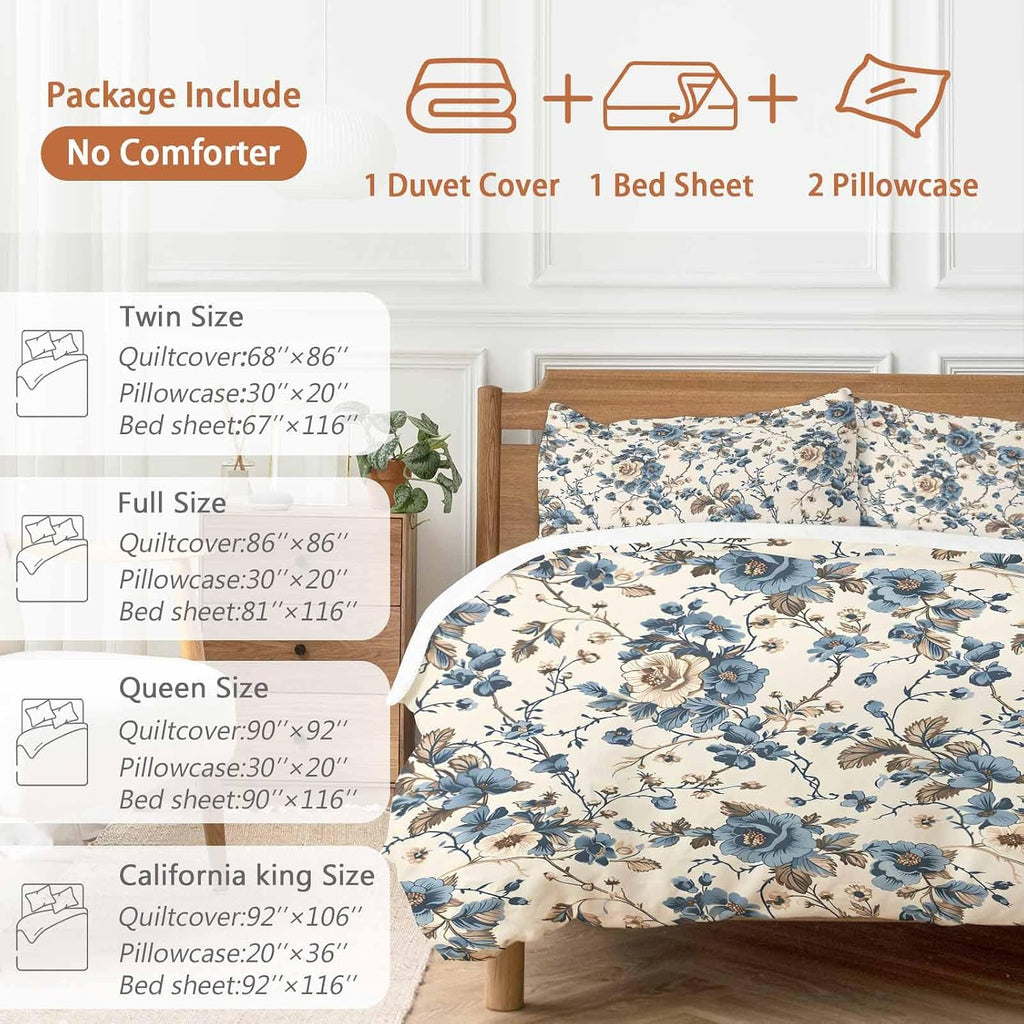 Vintage Floral Duvet Cover Set Queen Size 4 Pieces Beige Blue Brown Flowers Rustic Farmhouse Bedding Set with Zipper Closure, 1 Comforter Cover 92x106 Inches 1 Flat Sheet & 2 Pillow Cases