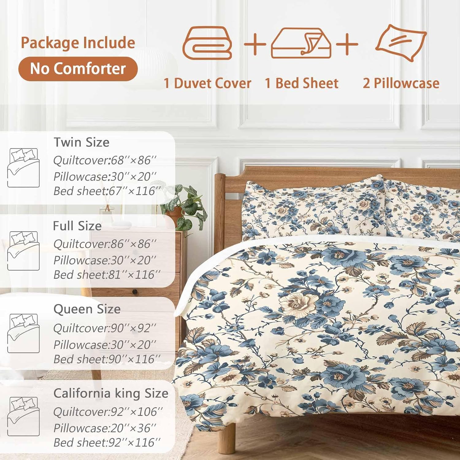 Vintage Floral Duvet Cover Set Queen Size 4 Pieces Beige Blue Brown Flowers Rustic Farmhouse Bedding Set with Zipper Closure, 1 Comforter Cover 92x106 Inches 1 Flat Sheet & 2 Pillow Cases