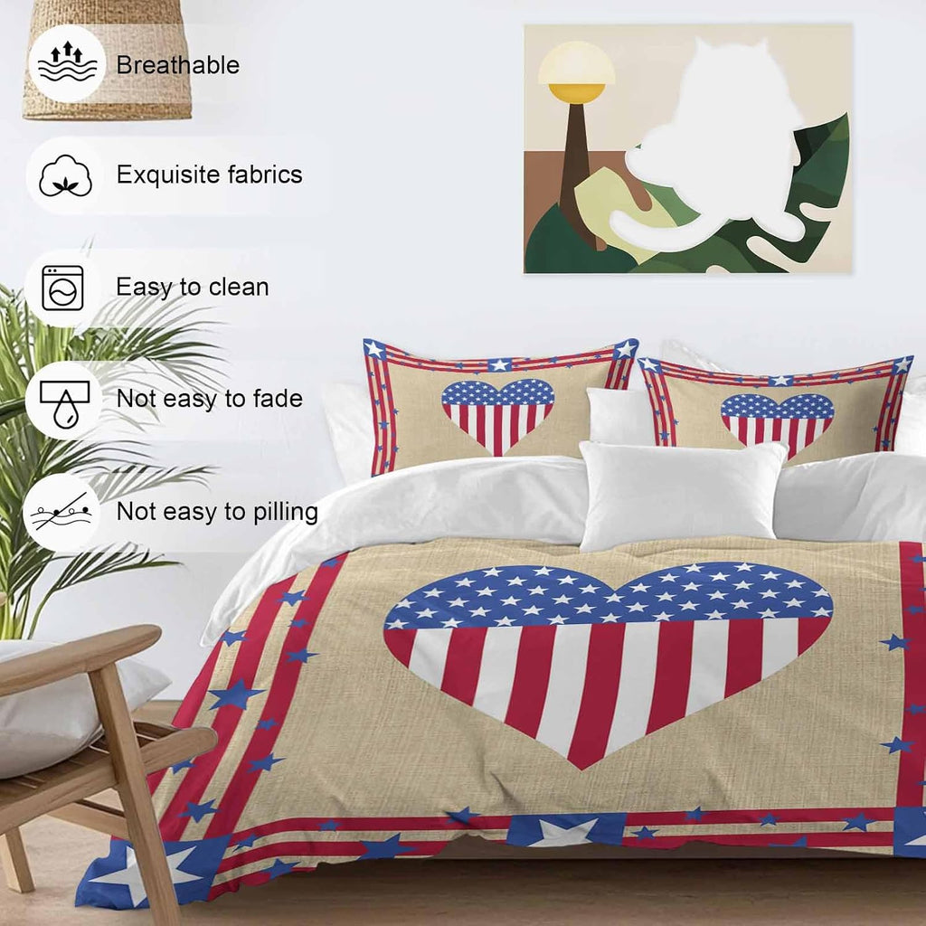 Prime Leader Happy 4th Duvet Cover Set Queen Size 4 Pieces of July USA Flag Love Heart Retro Linen Bedding Set with Zipper Closure, 1 Comforter Cover 86x86 Inches 1 Flat Sheet & 2 Pillow Cases