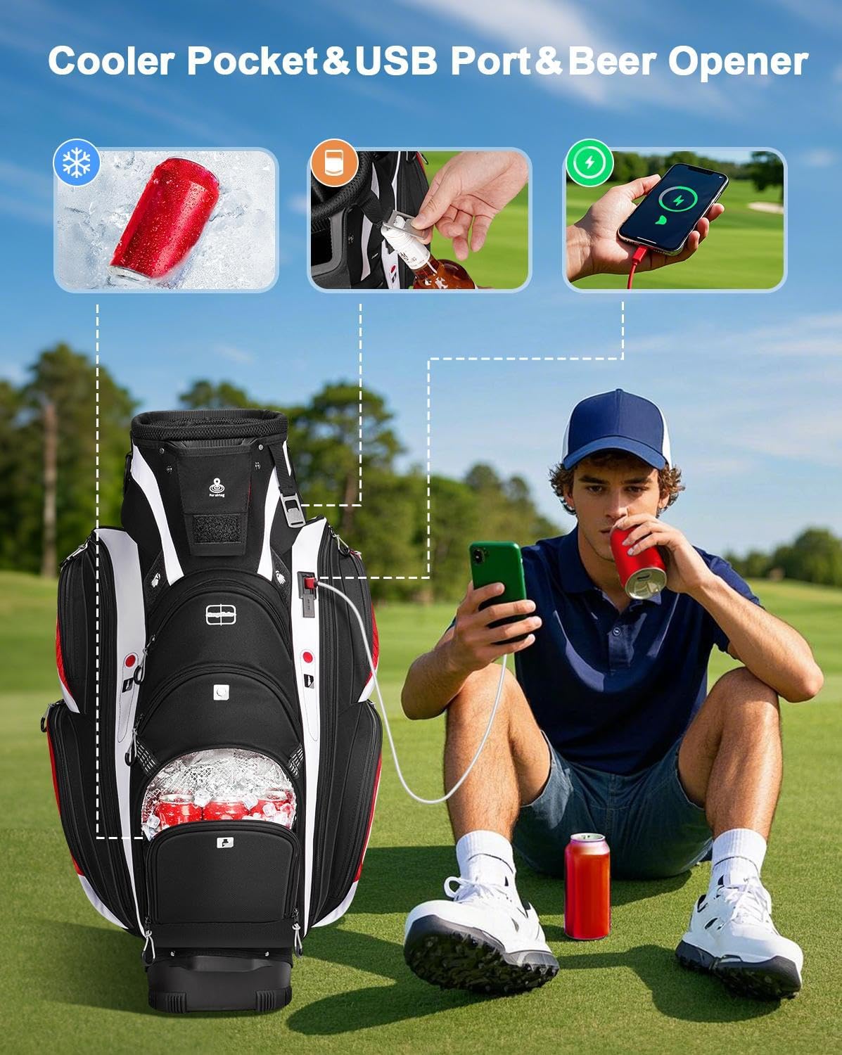 Vancropak Golf Cart Bag, Golf Gifts for Men with 15 Way Divider Top, USB Charging Port, Waterproof Protective Rain Cover, Shoe Compartment, Cooler Pocket, Tracker Slot, Umbrella Holder, Golfer Gifts