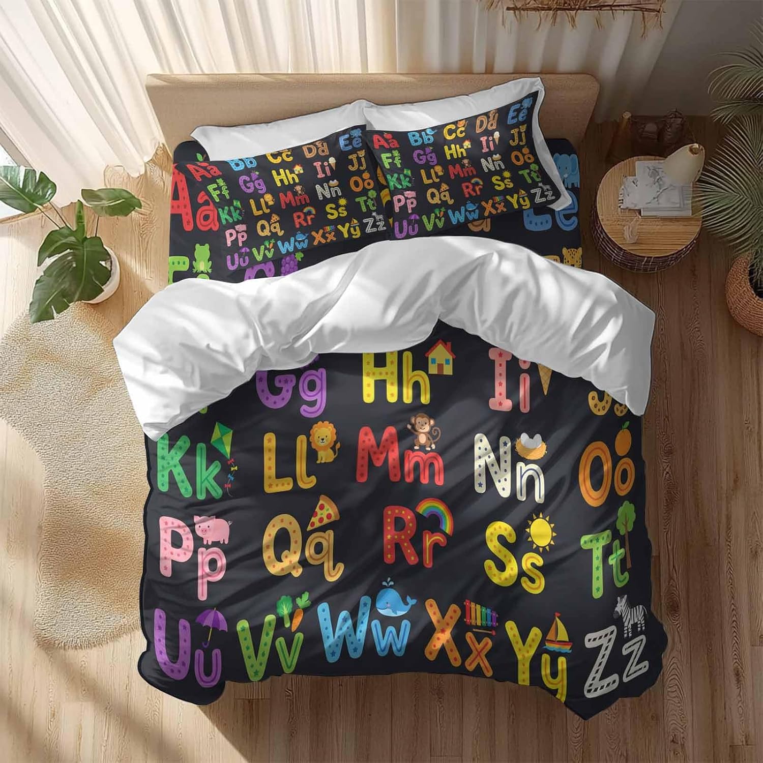 Alphabet Duvet Cover Set Queen Size 4 Pieces American Cartoon Early Education Alphabet Minimalist Mural Bedding Set with Zipper Closure, 1 Comforter Cover 86x86 Inches 1 Flat Sheet & 2 Pillow Cases