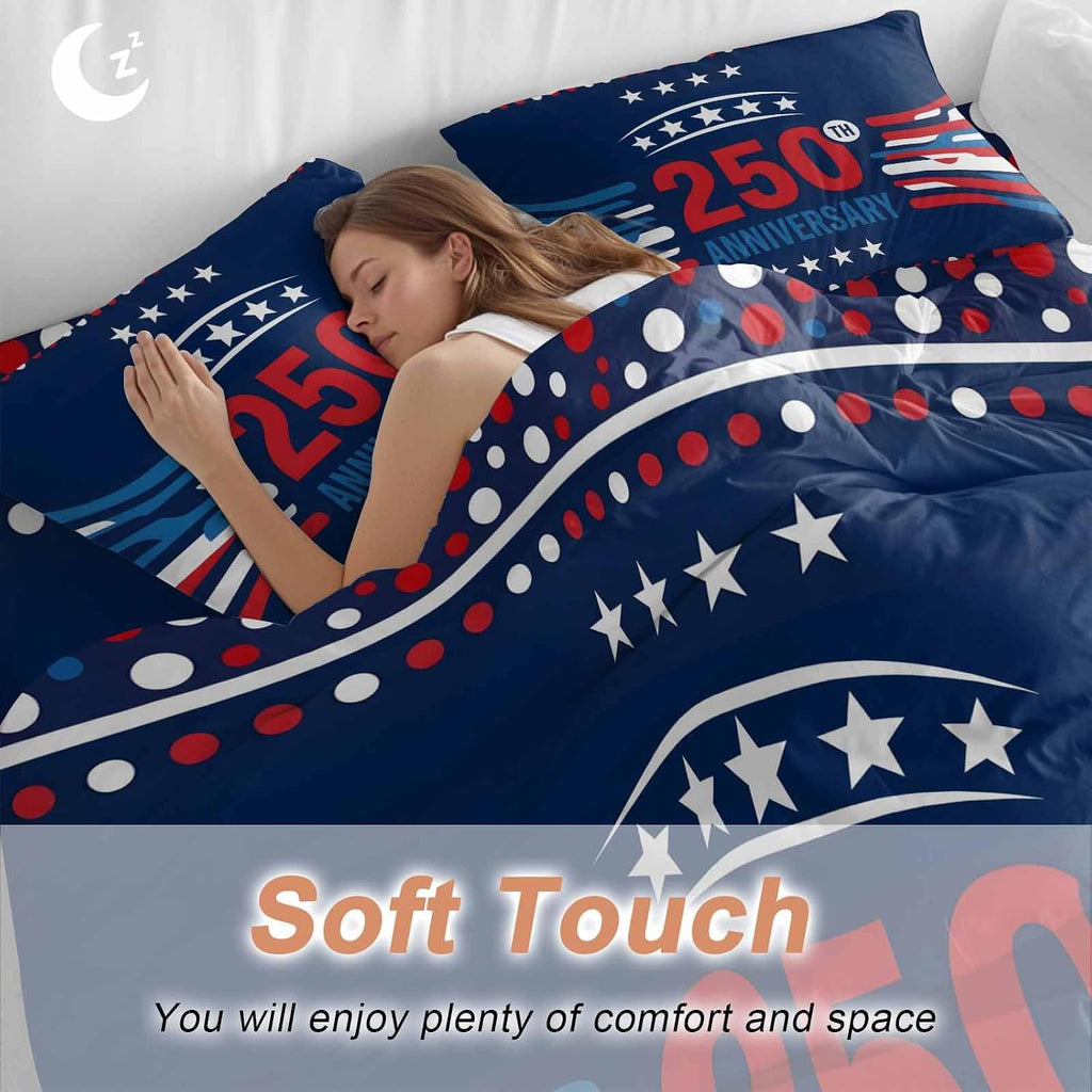 USA 250th Anniversary Duvet Cover Set Queen Size 4 Pieces Polka Dots Star Independence Day Navy Blue Bedding Set with Zipper Closure, 1 Comforter Cover 90x92 Inches 1 Flat Sheet & 2 Pillow Cases