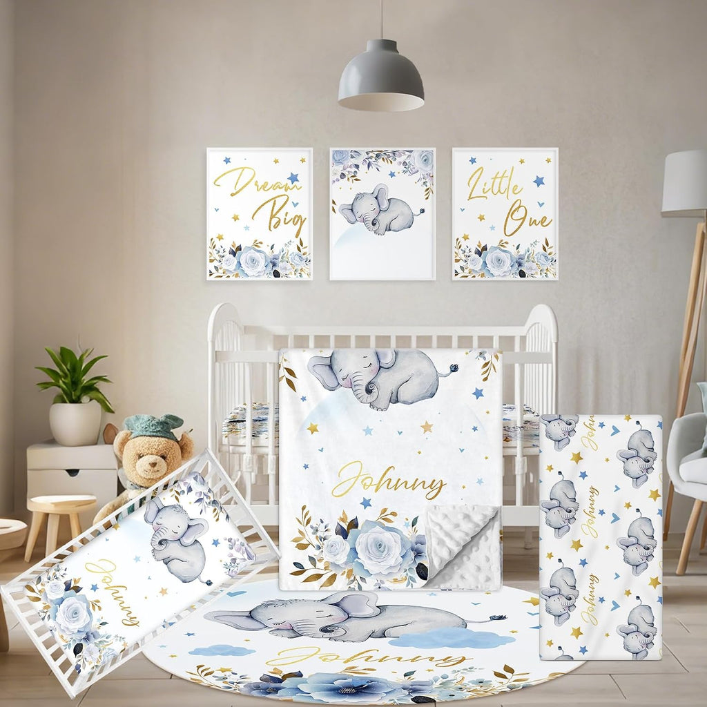 Terwex Custom Baby Crib Bedding Set, 5 Pcs Personalized Name Baby Crib Sets for Infant Toddler, Blue Elephant Nursery Bedding Set for Boy Girl, Double Layer Flannel Baby Bedding Sets Customized Gifts