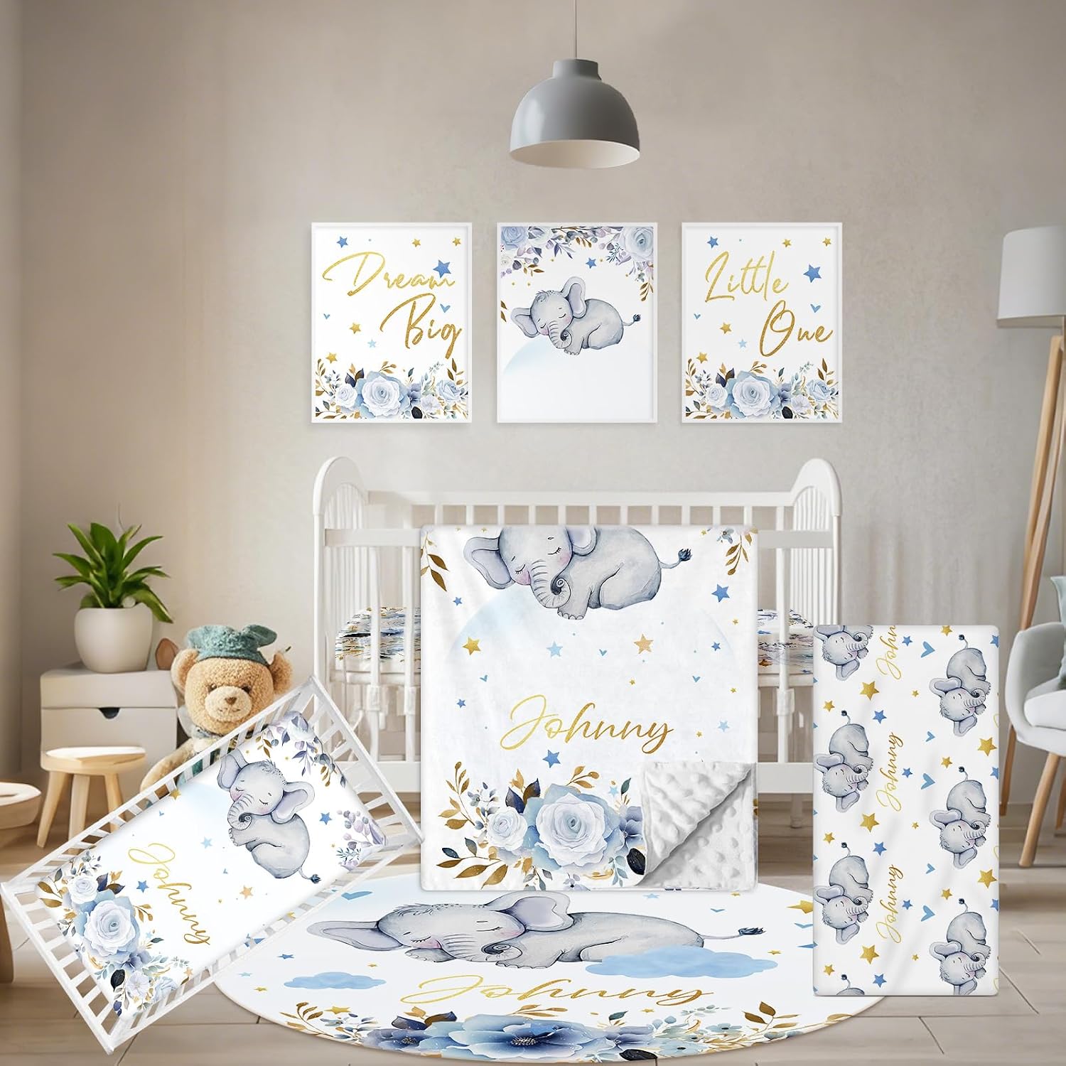 Terwex Custom Baby Crib Bedding Set, 5 Pcs Personalized Name Baby Crib Sets for Infant Toddler, Blue Elephant Nursery Bedding Set for Boy Girl, Double Layer Flannel Baby Bedding Sets Customized Gifts