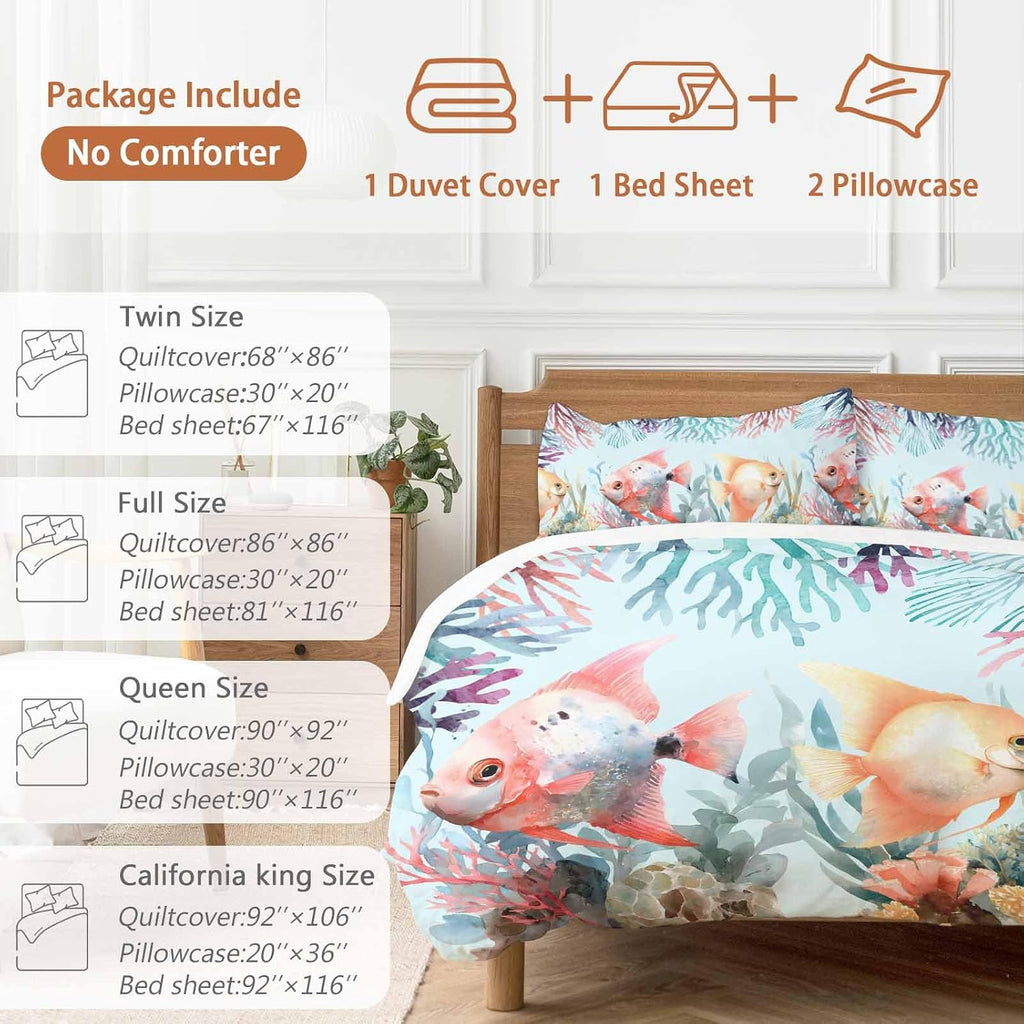 Summer Fish Duvet Cover Set Queen Size 4 Pieces Nautical Watercolor Orange Red Marine Life Coral Seaweed Bedding Set with Zipper Closure, 1 Comforter Cover 86x86 Inches 1 Flat Sheet & 2 Pillow Cases