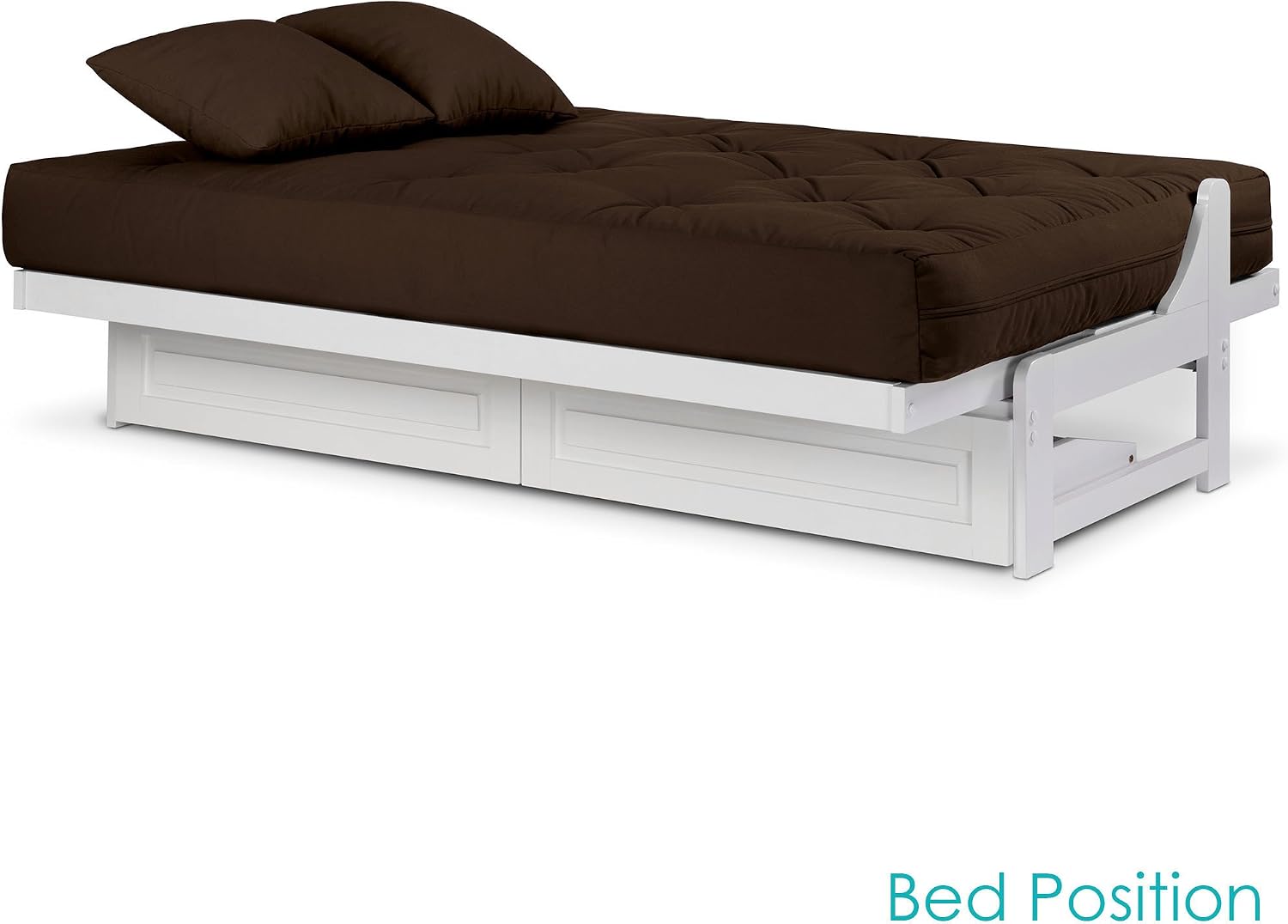 Nirvana Futons Arden White Futon with Storage Drawers Queen Size - Minimalist Armless Design with 8 Inch Comfortable Mattress Included (Microfiber Sussex Fudge), Sofa Bed Available in