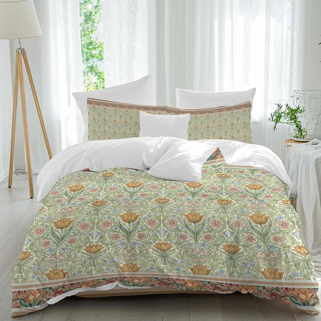 Prime Leader Flowers Duvet Cover Set Queen Size 4 Pieces Ethnic Abstract Yellow Pink Floral Green Leaf Bedding Set with Zipper Closure, 1 Comforter Cover 90x92 Inches 1 Flat Sheet & 2 Pillow Cases