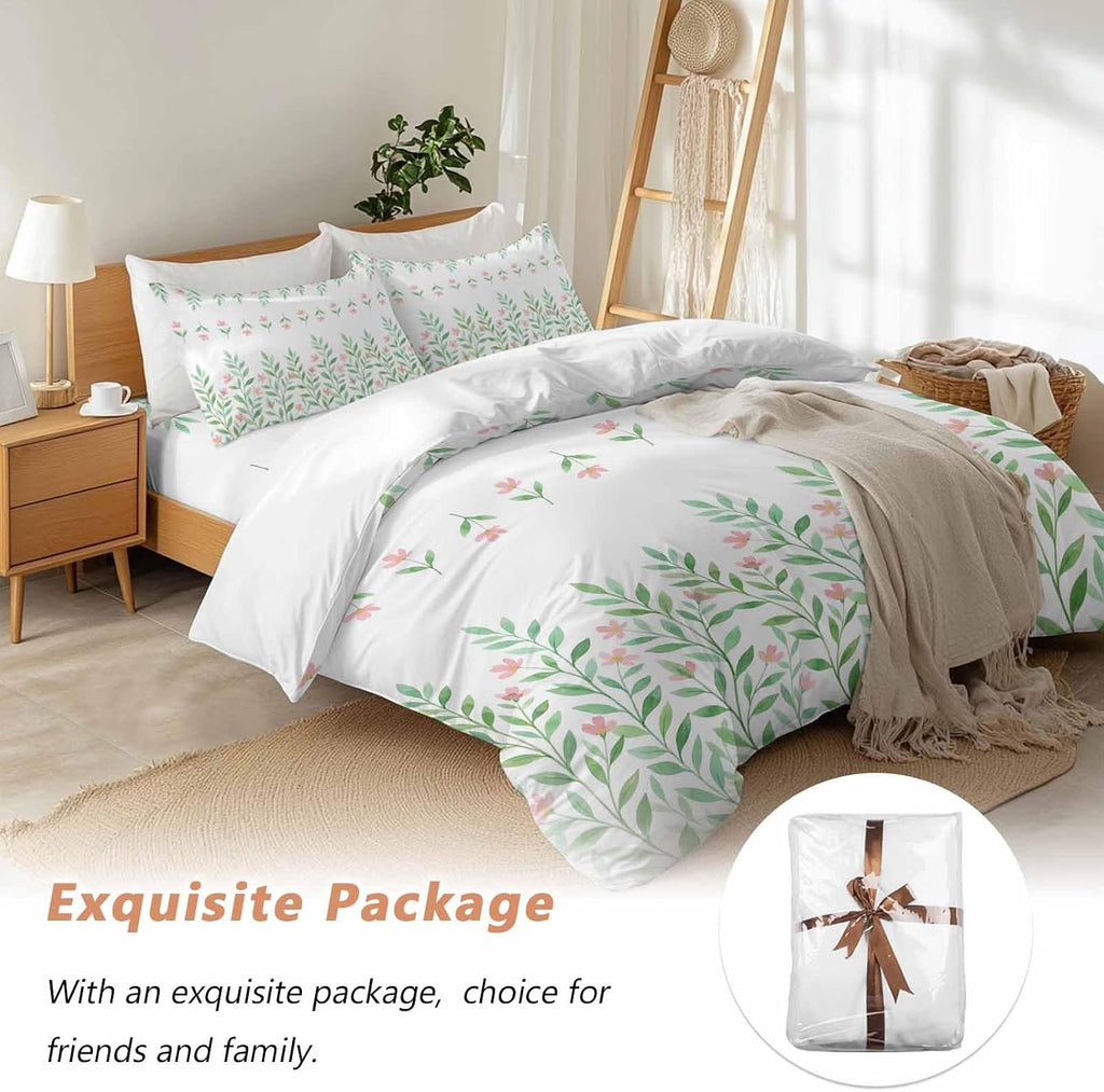 Prime Leader Spring Green Leaf Duvet Cover Set Queen Size 4 Pieces Watercolor Pink Flower Simple Country Bedding Set with Zipper Closure, 1 Comforter Cover 90x92 Inches 1 Flat Sheet & 2 Pillow Cases