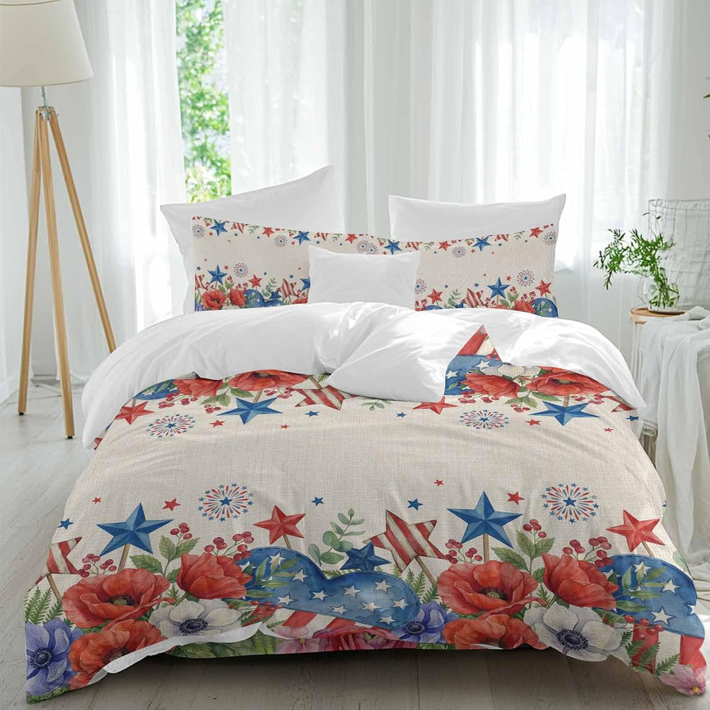 Independence Day Duvet Cover Set Queen Size 4 Pieces Blue Red White Floral Flower Love Heart Retro Bedding Set with Zipper Closure, 1 Comforter Cover 90x92 Inches 1 Flat Sheet & 2 Pillow Cases