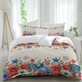 Independence Day Duvet Cover Set Queen Size 4 Pieces Blue Red White Floral Flower Love Heart Retro Bedding Set with Zipper Closure, 1 Comforter Cover 90x92 Inches 1 Flat Sheet & 2 Pillow Cases