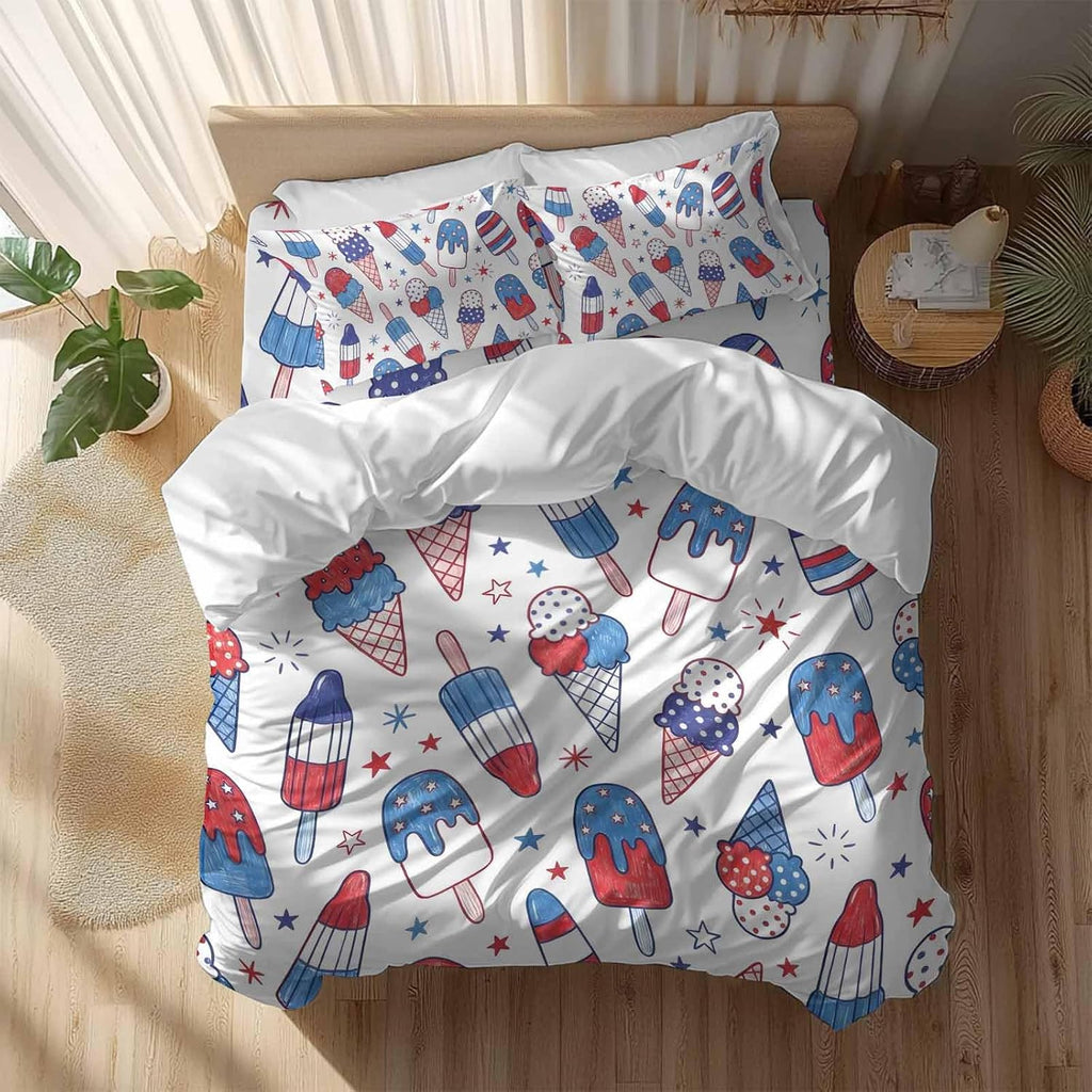 Prime Leader Red Blue Ice Cream Duvet Cover Set Queen Size 4 Pieces Independence Day Retro Ice Cream Bedding Set with Zipper Closure, 1 Comforter Cover 86x86 Inches 1 Flat Sheet & 2 Pillow Cases