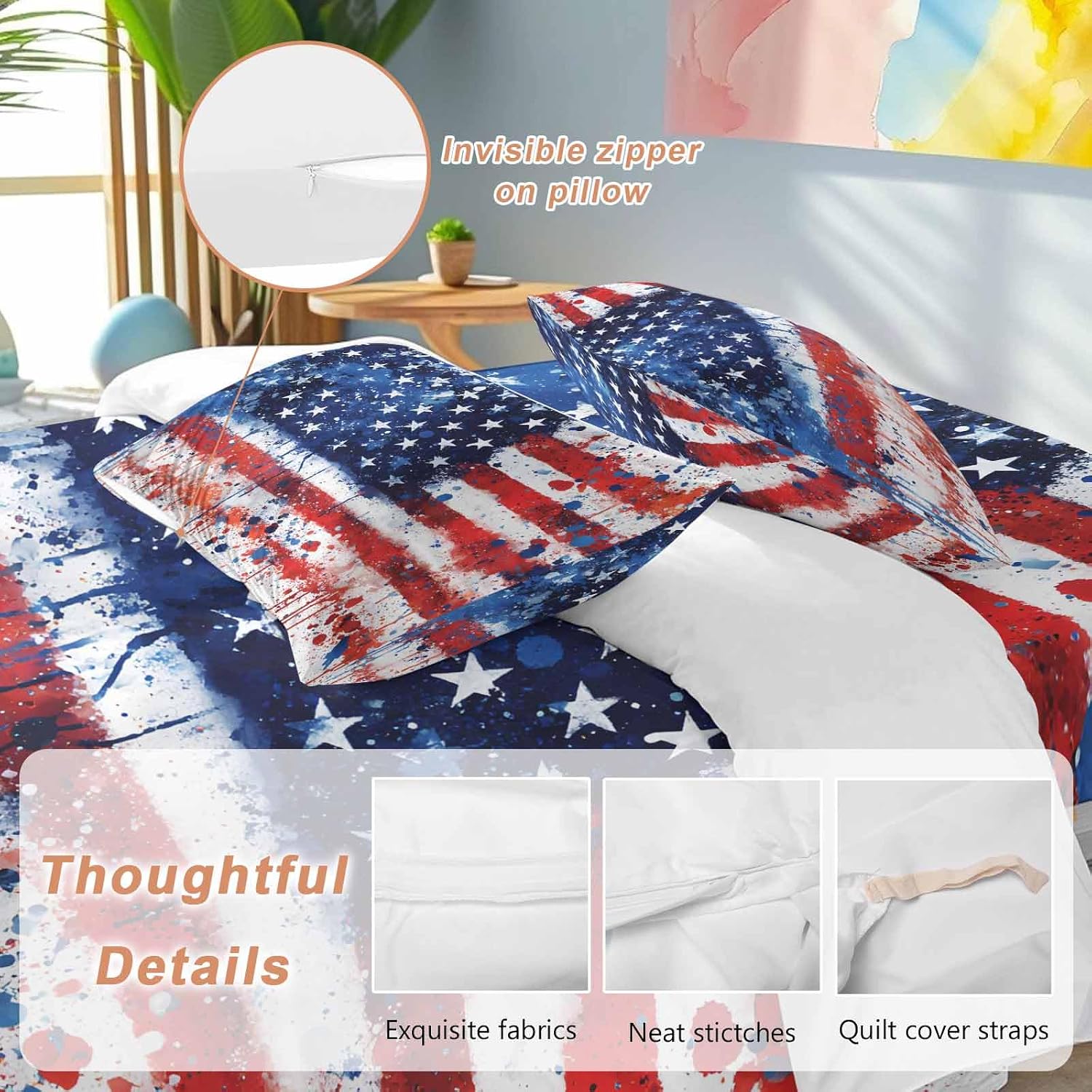 Independence Day Duvet Cover Set Queen Size 4 Pieces Mottled Red Blue White Stars Painted Flag Bedding Set with Zipper Closure, 1 Comforter Cover 90x92 Inches 1 Flat Sheet & 2 Pillow Cases