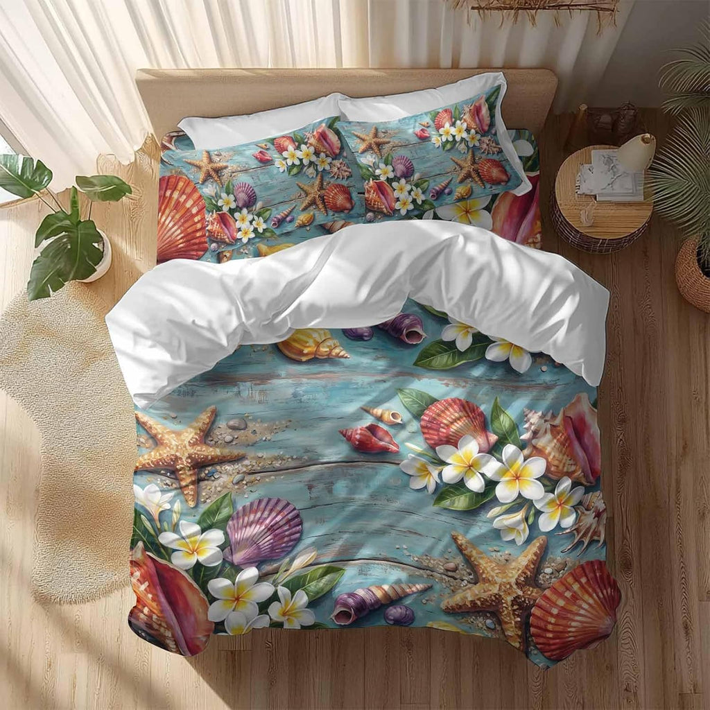 Ocean Beach Duvet Cover Set Queen Size 4 Pieces Summer Starfish Shell Flowers Leaf Blue Wooden Bedding Set with Zipper Closure, 1 Comforter Cover 86x86 Inches 1 Flat Sheet & 2 Pillow Cases