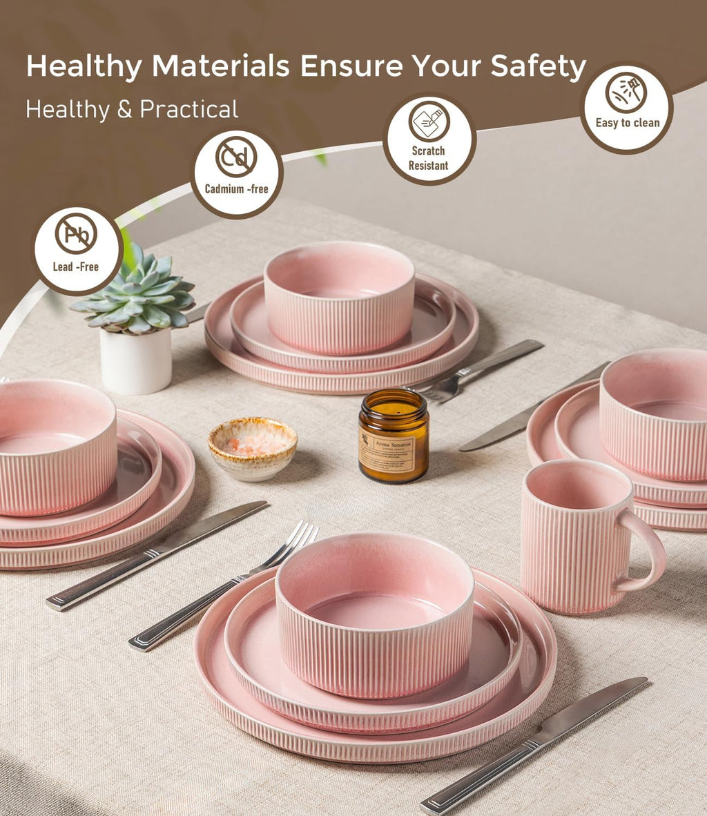 GBHOME 24-Piece Stoneware Dinnerware Set for 8 – Ribbed Ceramic Plates and Bowls, Scratch-Resistant, Microwave & Dishwasher Safe, Reactive Glaze, Blush Veil