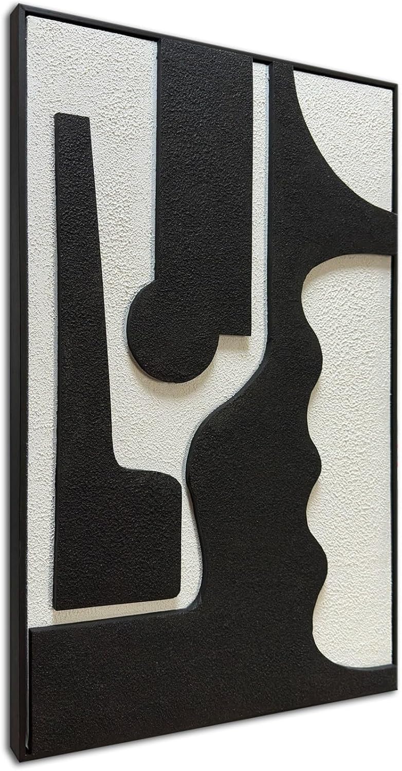 zoinart Black and White Textured Plaster Wall Art, 24x36 Black White Framed Artwork Wall for Home Decor, Minimalist Modern Monochrome Relief Art