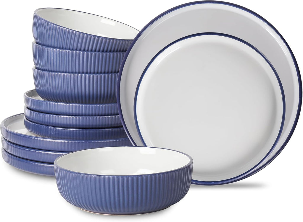 Christian Siriano Laro 12-Piece Stoneware Dinnerware Set, Plates and Bowls Set, Microwave and Dishwasher Safe, Dish Set for 4, Dark Blue