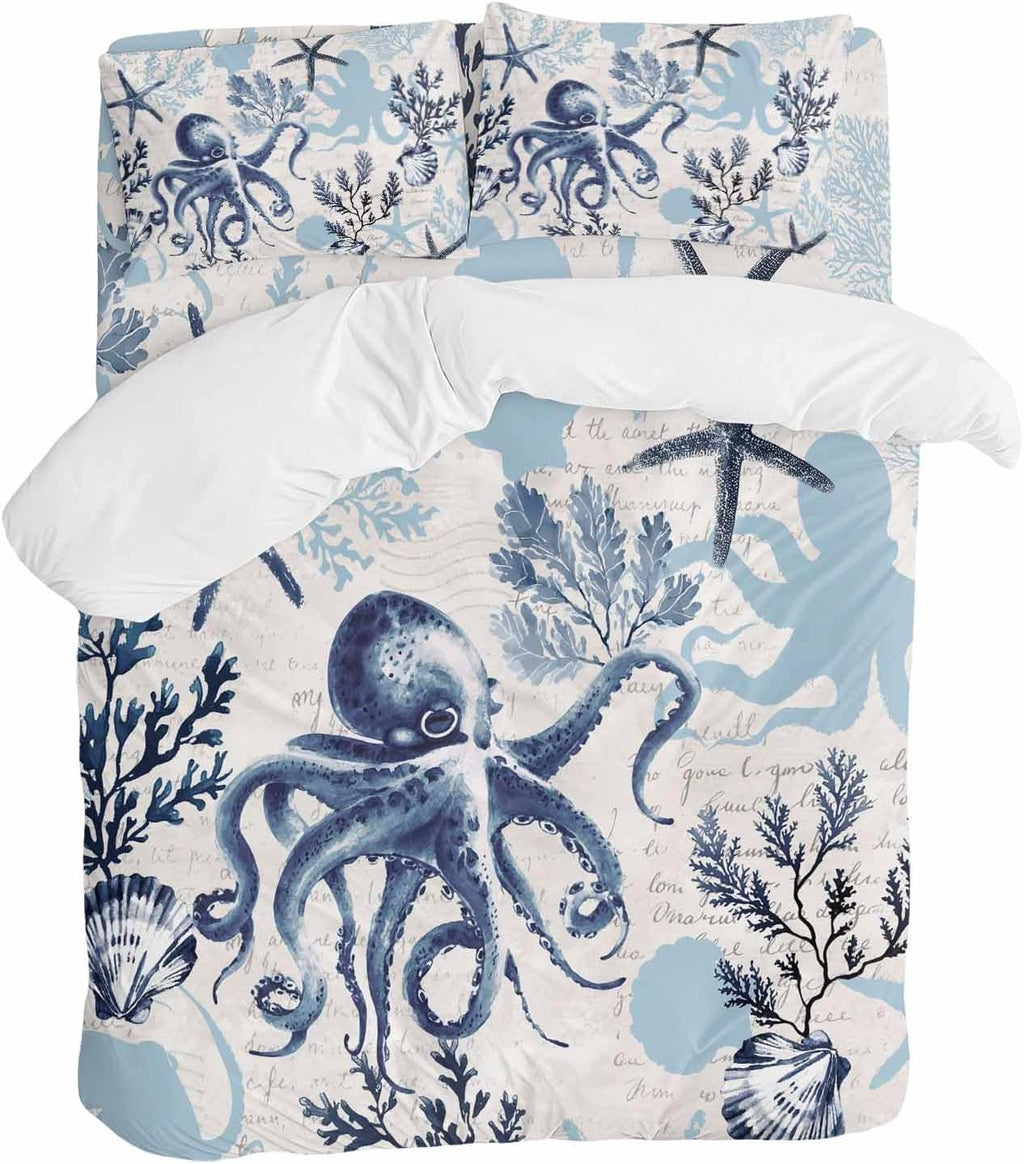 Summer Marine Life Duvet Cover Set Queen Size 4 Pieces Ocean Watercolor Octopus Starfish Coastal Vintage Bedding Set with Zipper Closure, 1 Comforter Cover 92x106 Inches 1 Flat Sheet & 2 Pillow Cases
