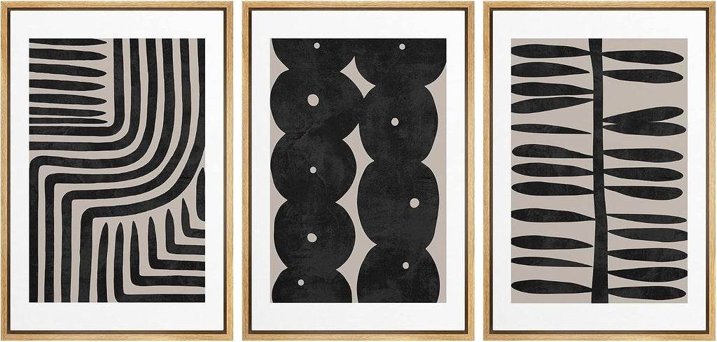 SIGNLEADER Framed Canvas Print Wall Art Set Geometric Black Paint Stroke Patterns Abstract Shapes Illustrations Modern Art Decorative Contemporary for Living Room, Bedroom, Office - 24'x36'x3 NATURAL